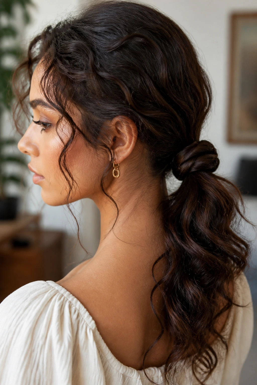 Close-up portrait of a real woman with a knotted ponytail updo
