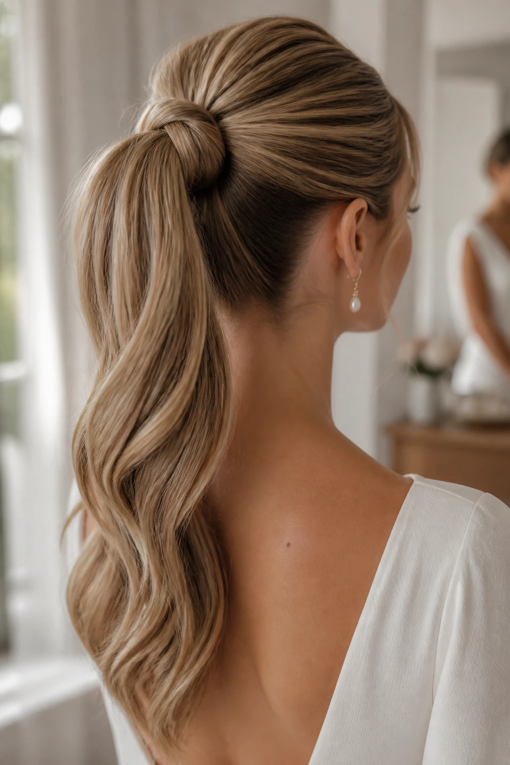Close-up of a bride's knotted ponytail with volume, back view