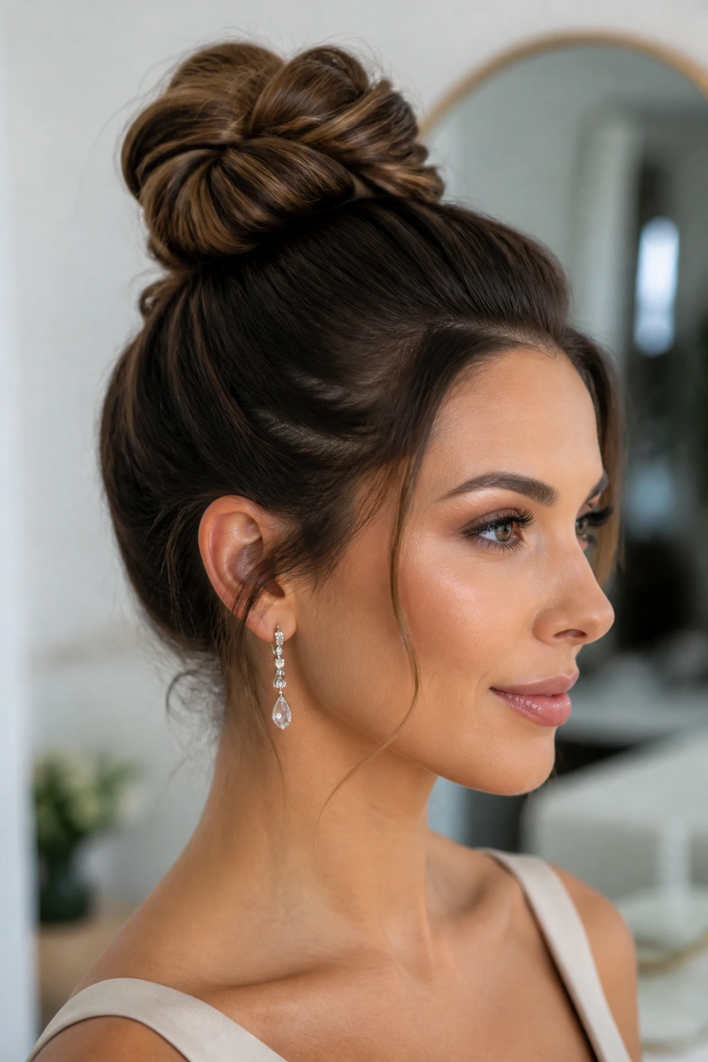 Close-up of a real woman with a knotted top bun in a modern bridal suite