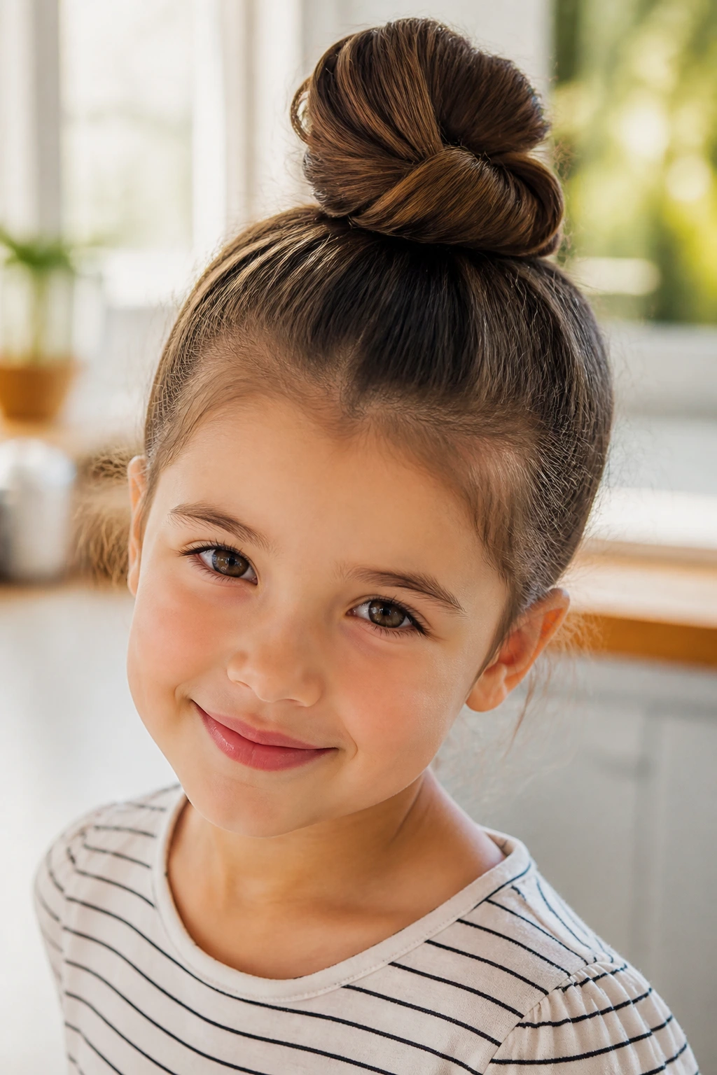 Close-up of a real girl's knotted top bun with two twisted sections forming a crown knot.