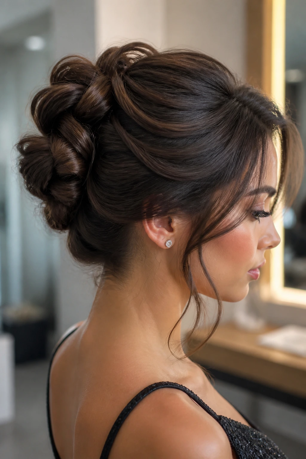 Three-quarter profile of a real woman showing sculpted knotted updo at crown