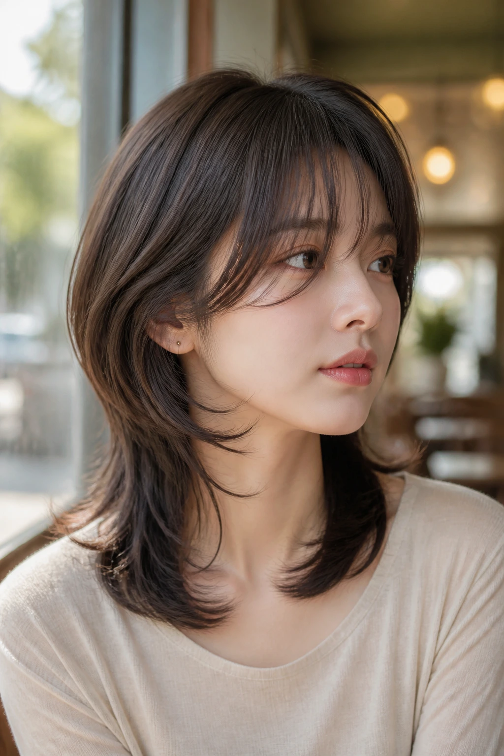 Woman with soft, rounded layered mullet inspired by Korean style.