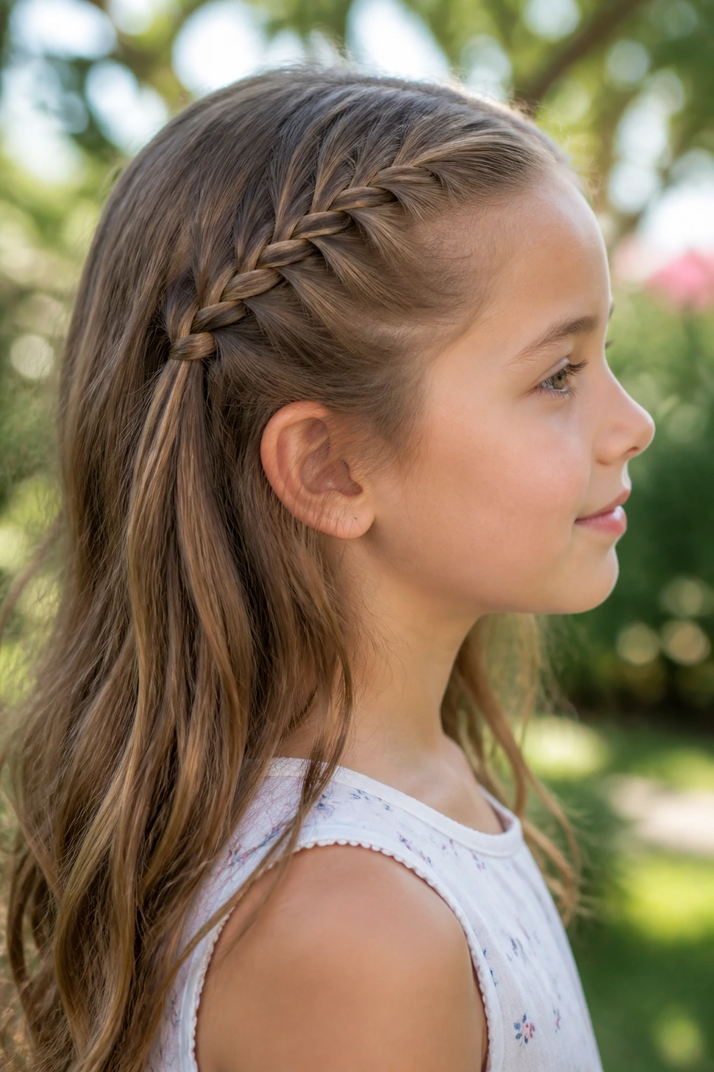 Side-profile of a real girl showing a lace braid accent along the temple