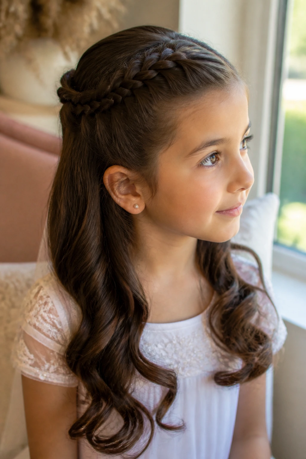 Close-up of lace braid half-up with curled ends on a real child