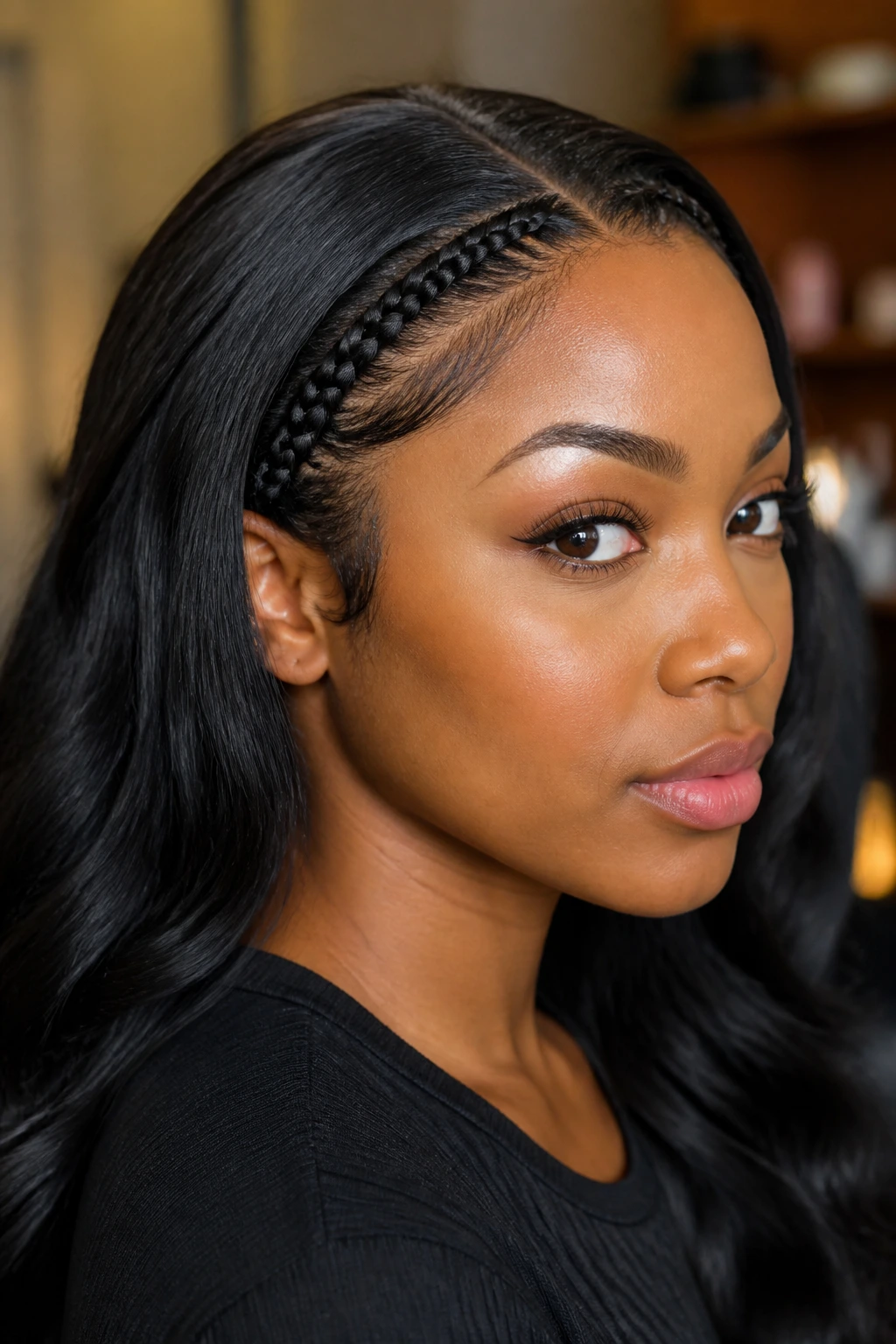 Close-up of lace braid tracing the hairline on a real person in soft indoor light