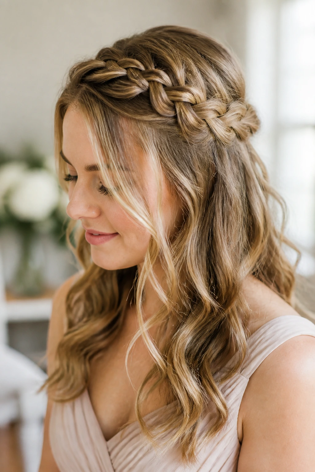 Close-up of a real woman with lace braid half-up hairstyle