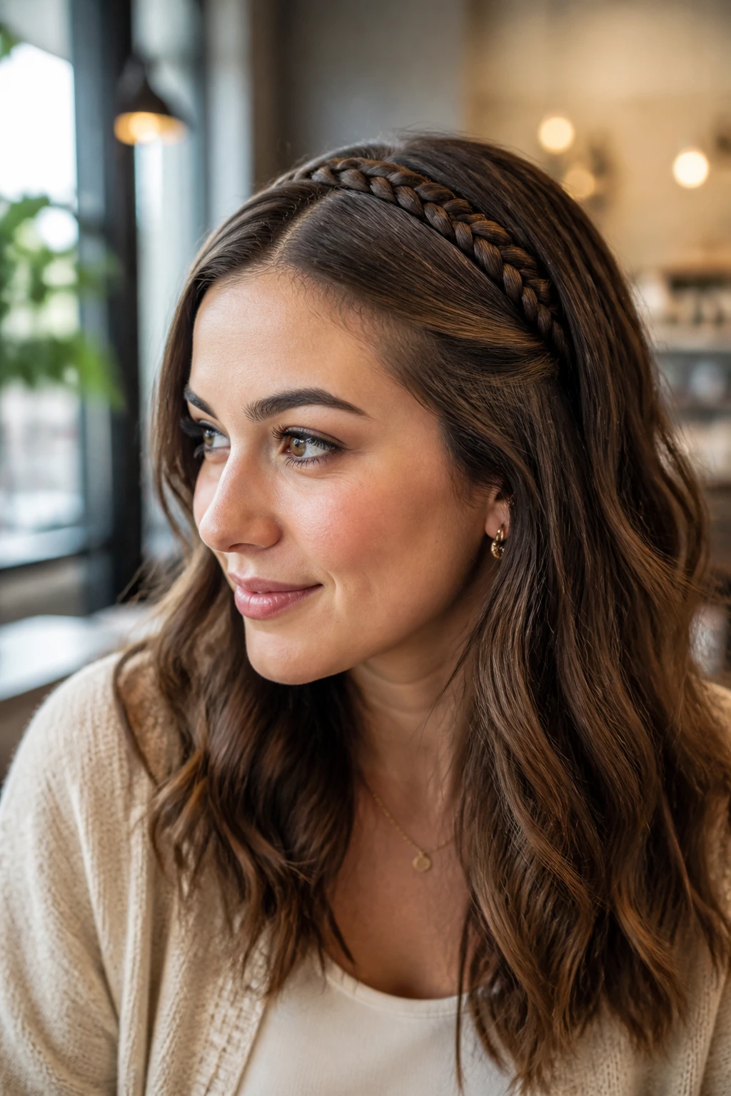 Close-up of a real woman wearing a lace braid headband with hair down in waves.