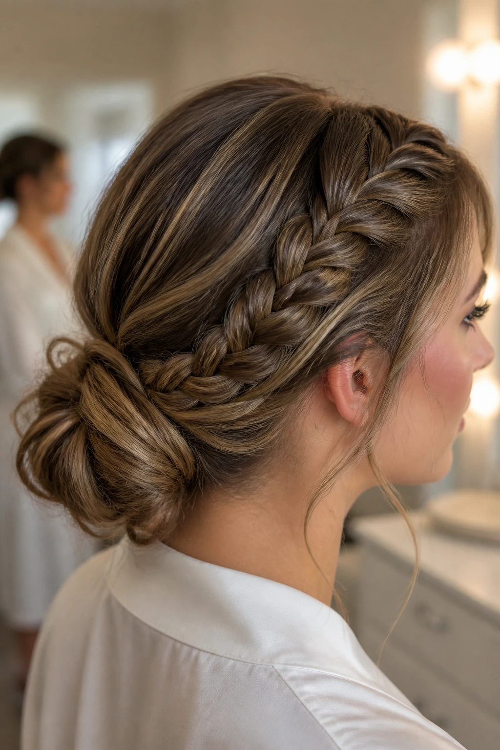 Woman with lace braid into a low knot at the nape