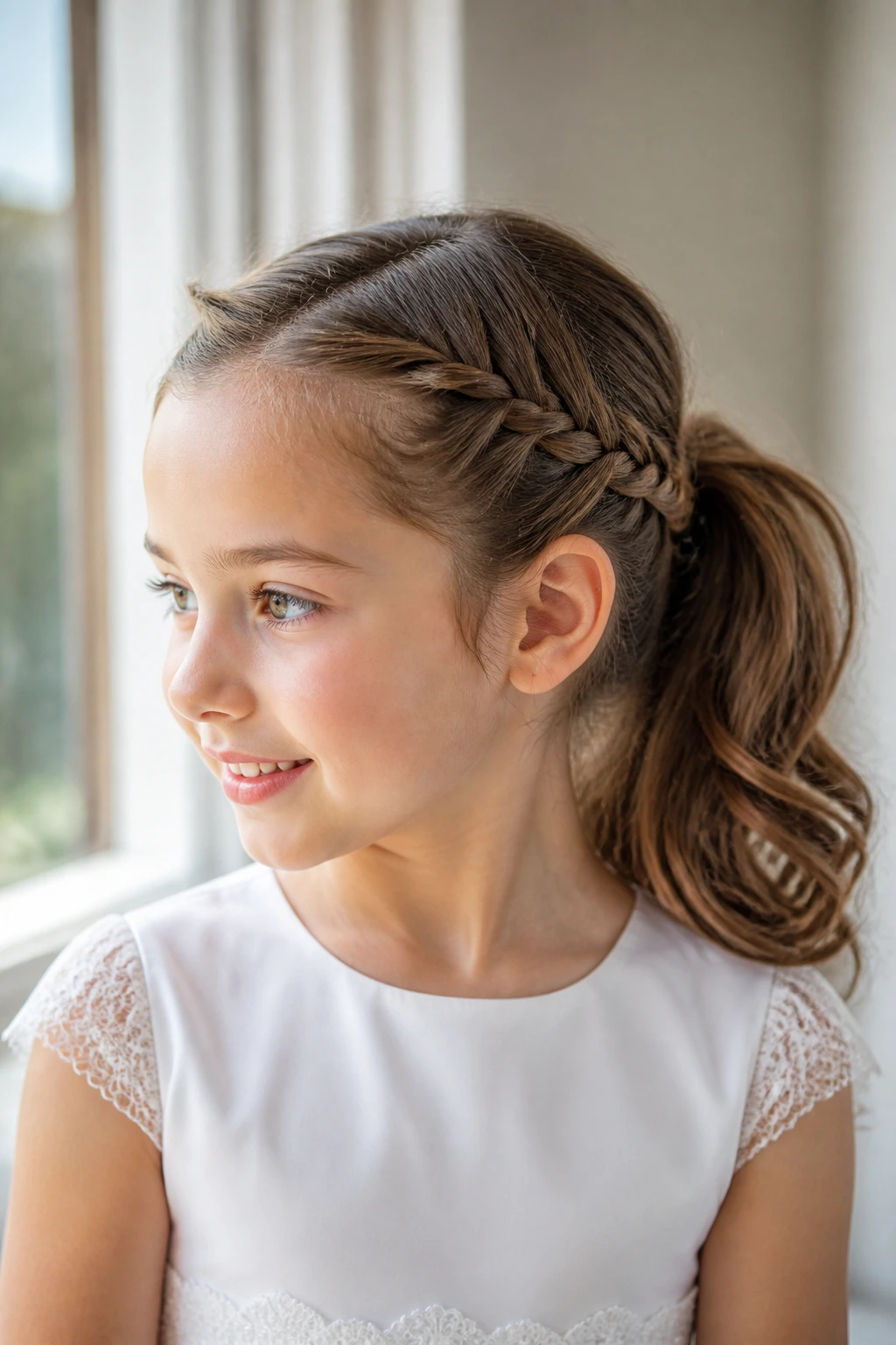 Real girl with a lace side braid flowing into a ponytail.