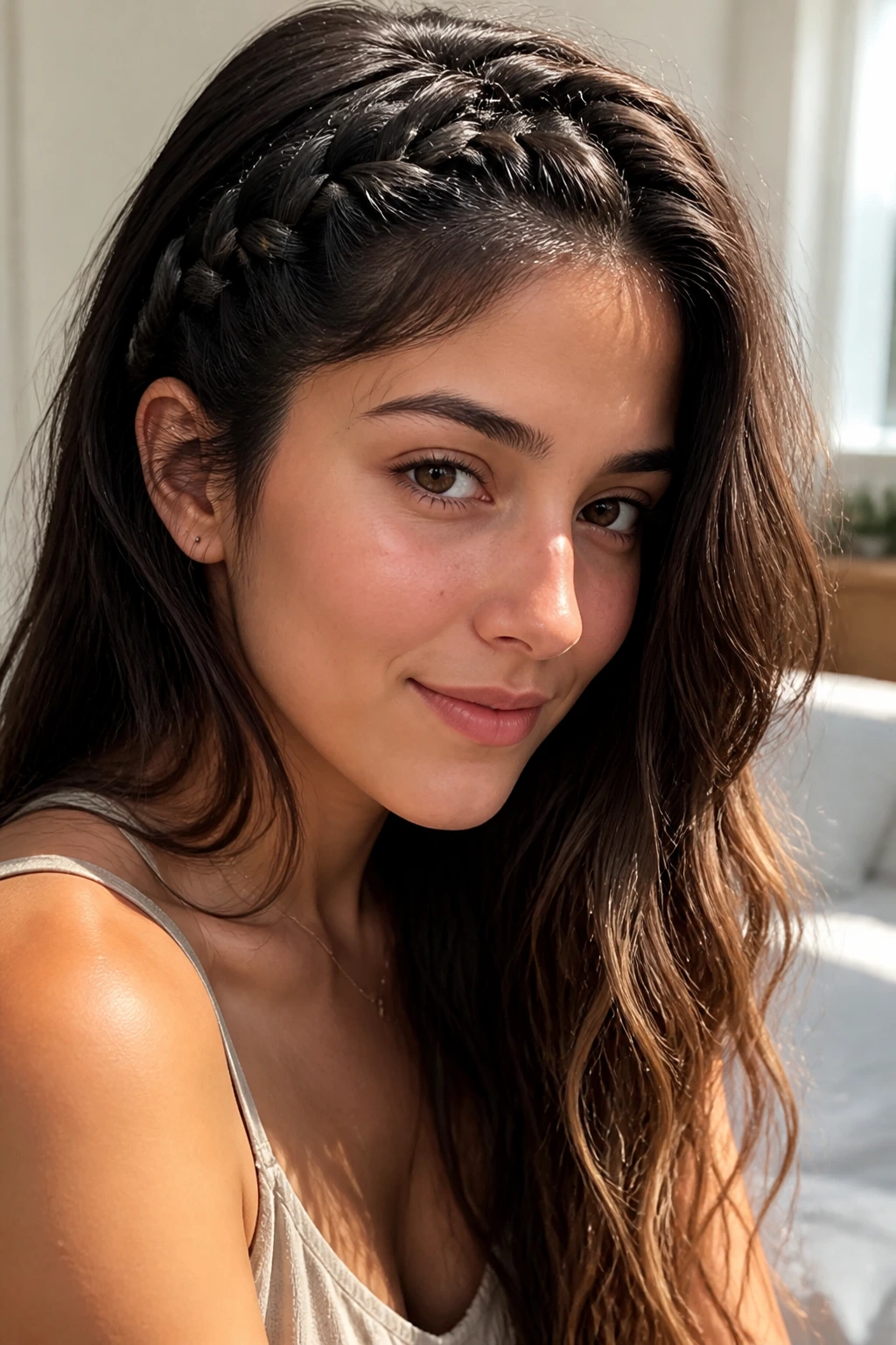 Close-up of a real woman with lace braid along the hairline