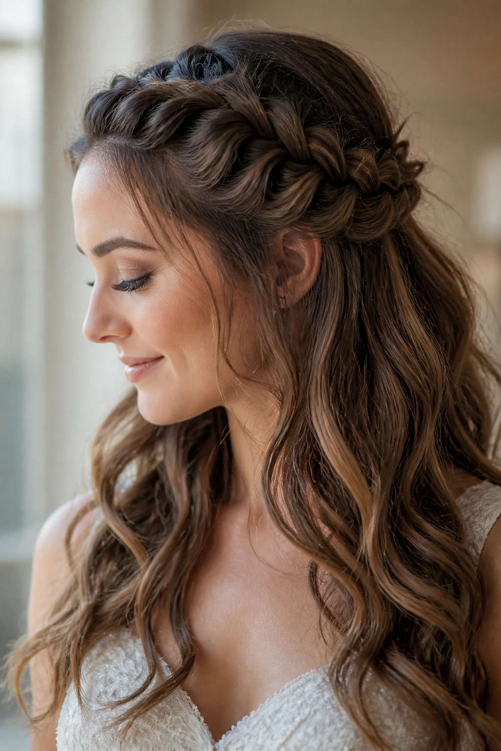 Close-up of a real bride with lace braid and waves