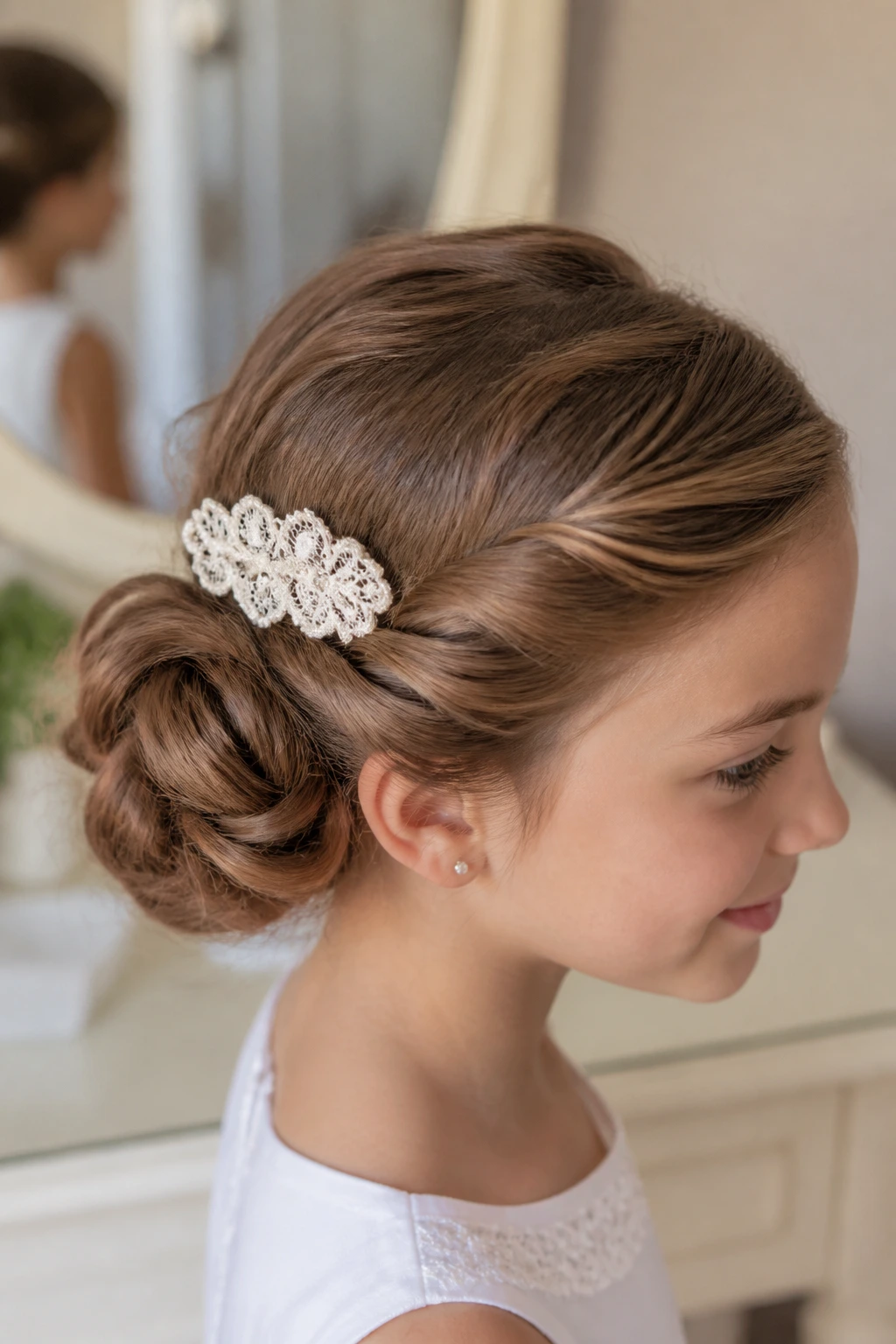 Close-up of a real child with a lace clip chignon