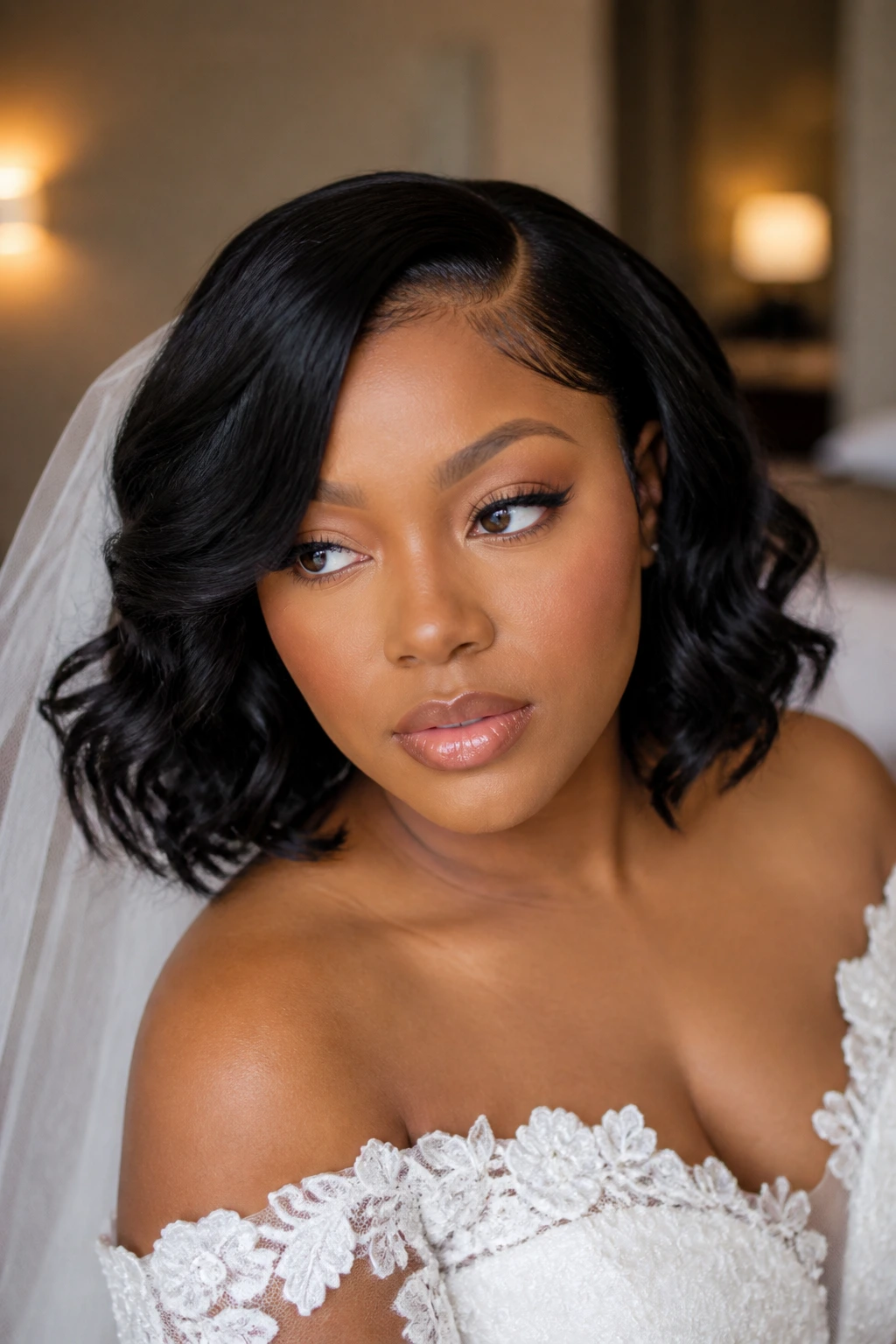 Close-up of a bride wearing a lace-front wig bob with soft waves.