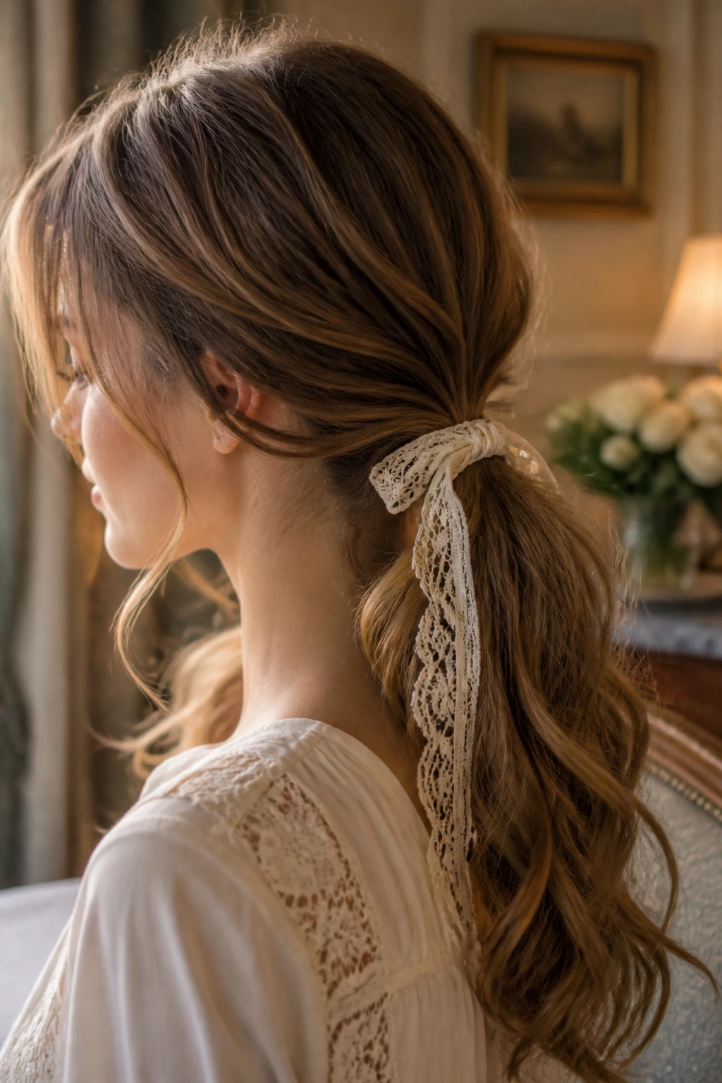 Close-up of a woman with lace ribbon tied ponytail in warm light
