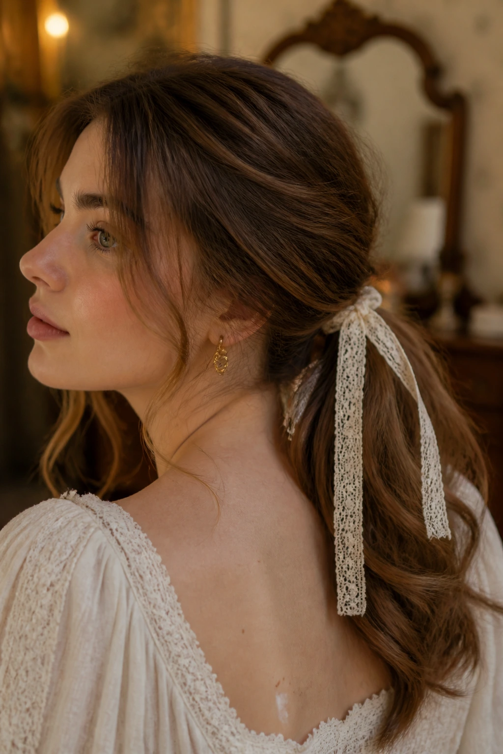 Close-up of a real woman with a low pony tied with a lace ribbon and draping tails.