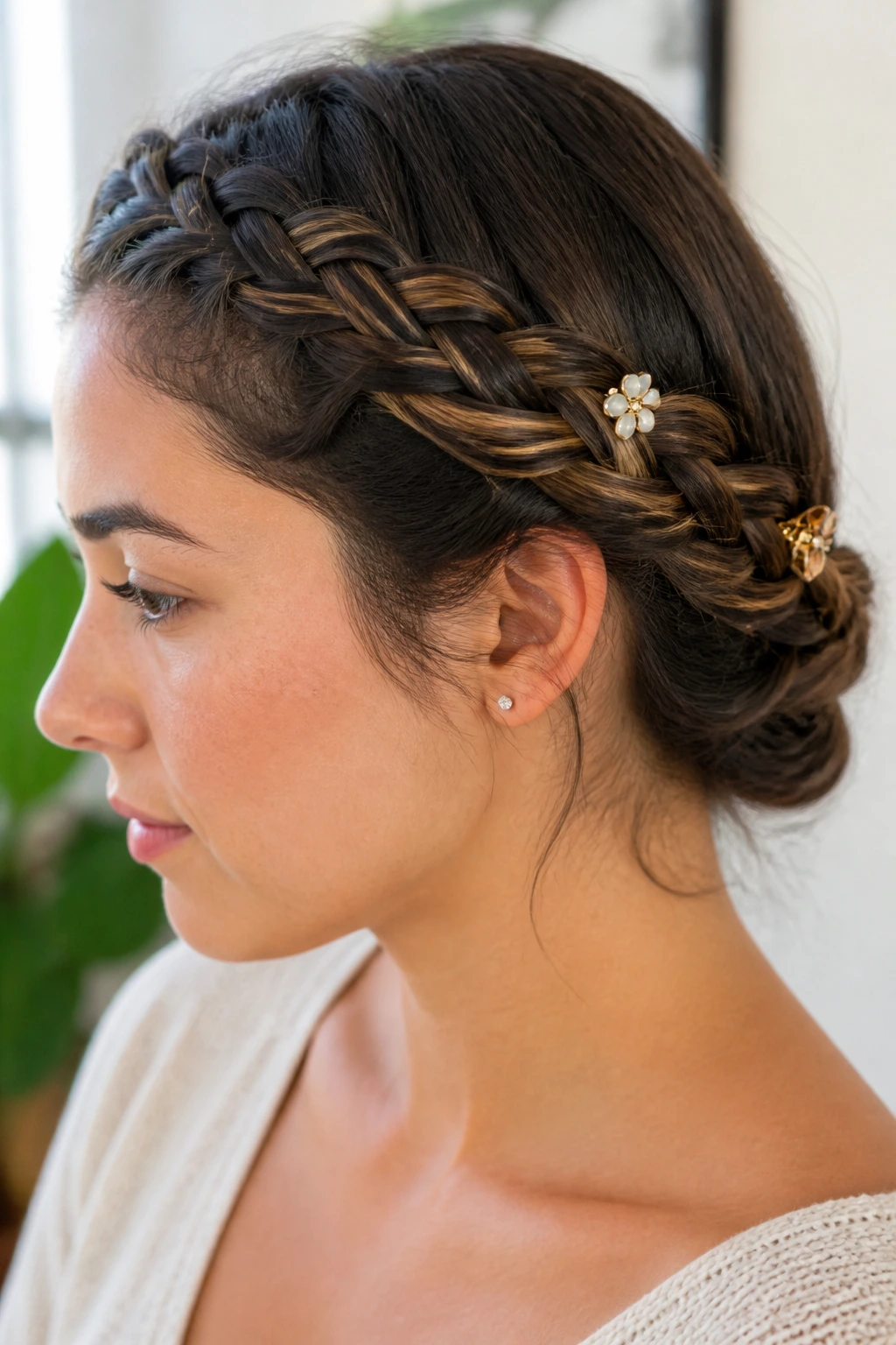 Close-up of a woman with a laced braid and clipped ends
