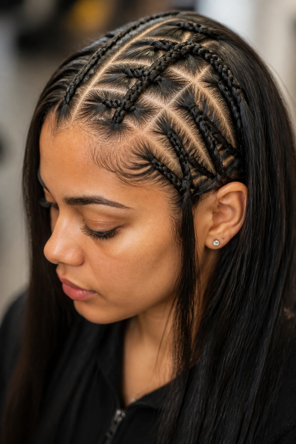 Real woman with ladder braid and crossbars close-up