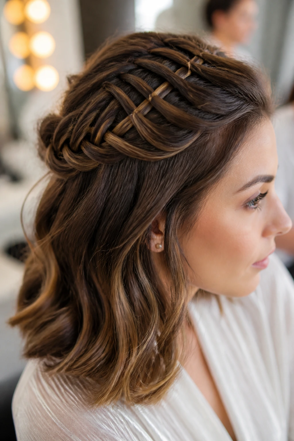 Close-up of a real woman's head with a ladder braid half-up style.