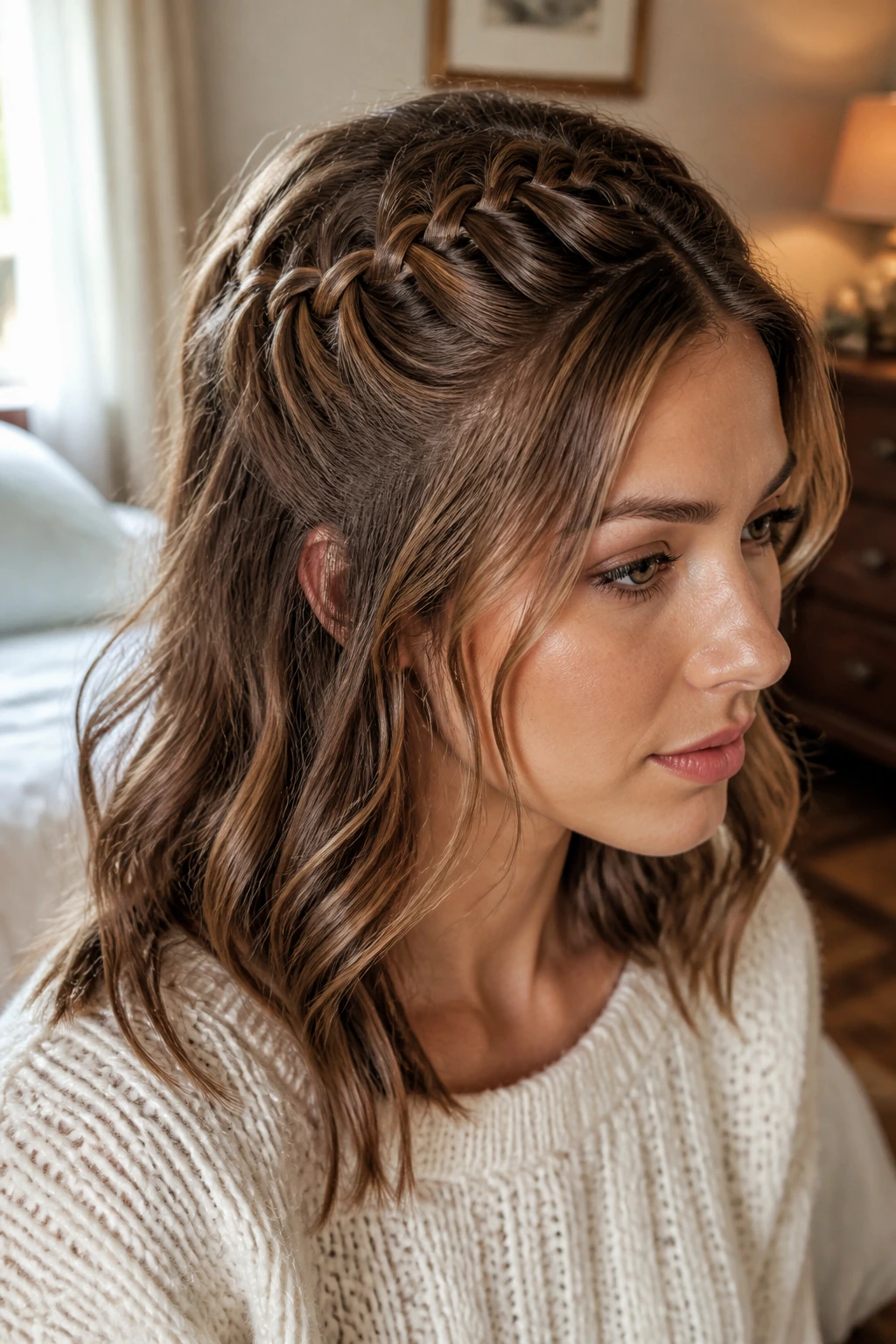 Close-up portrait highlighting a ladder braid across the crown with loose hair underneath