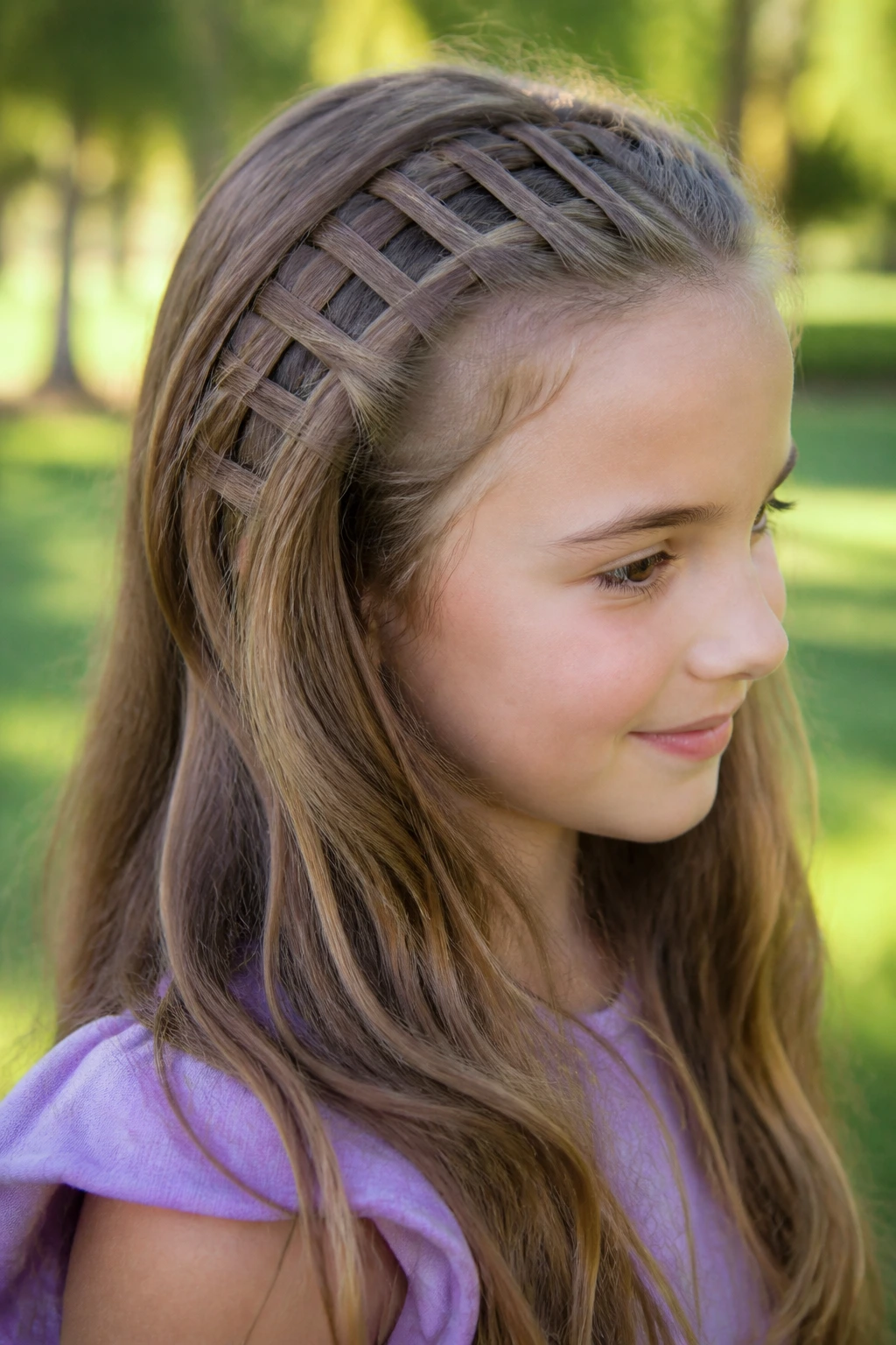 Close-up of a real child with a ladder braid under natural park lighting