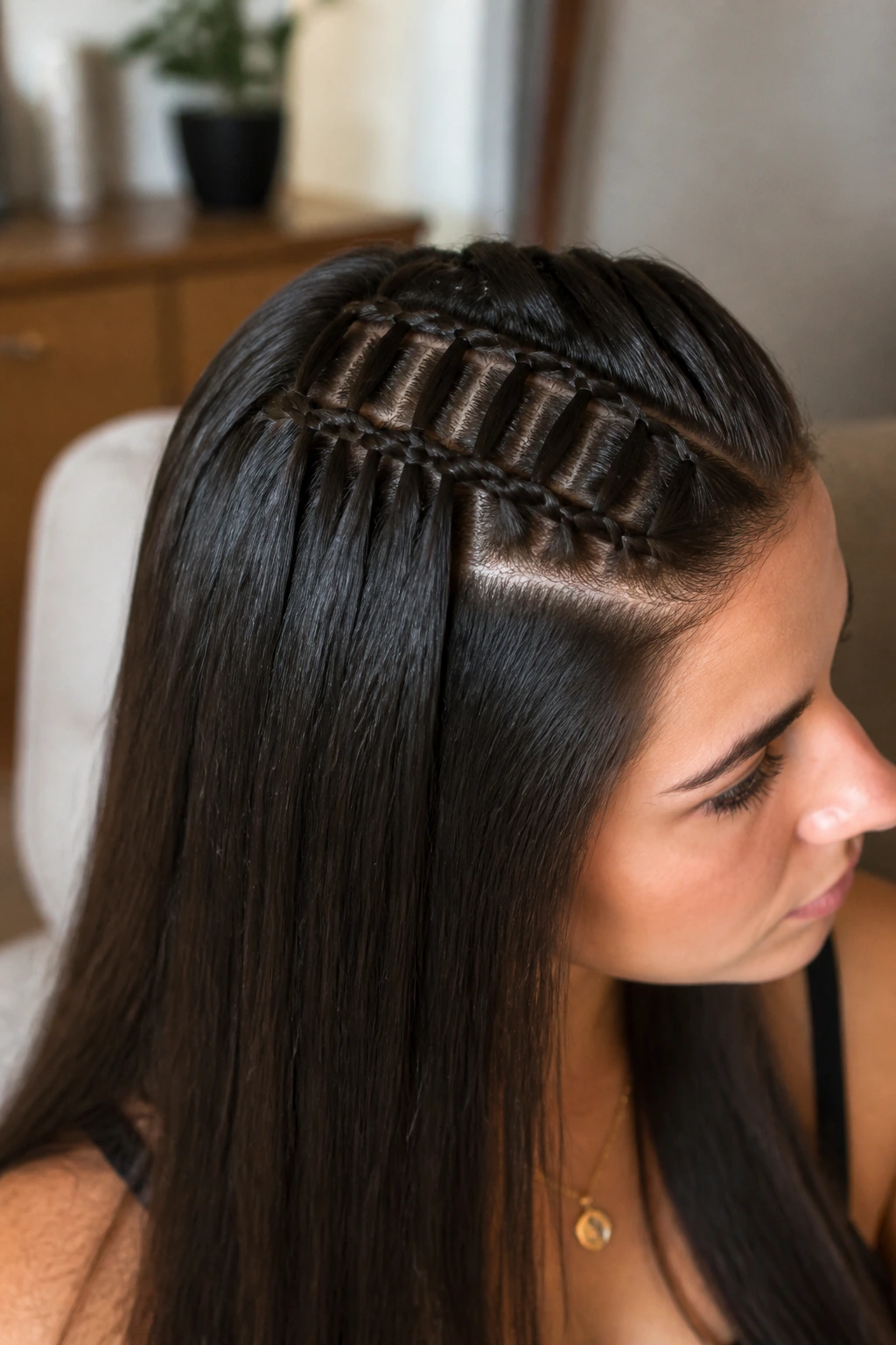 Real person with a detailed ladder braid, close-up showing horizontal rungs along the scalp