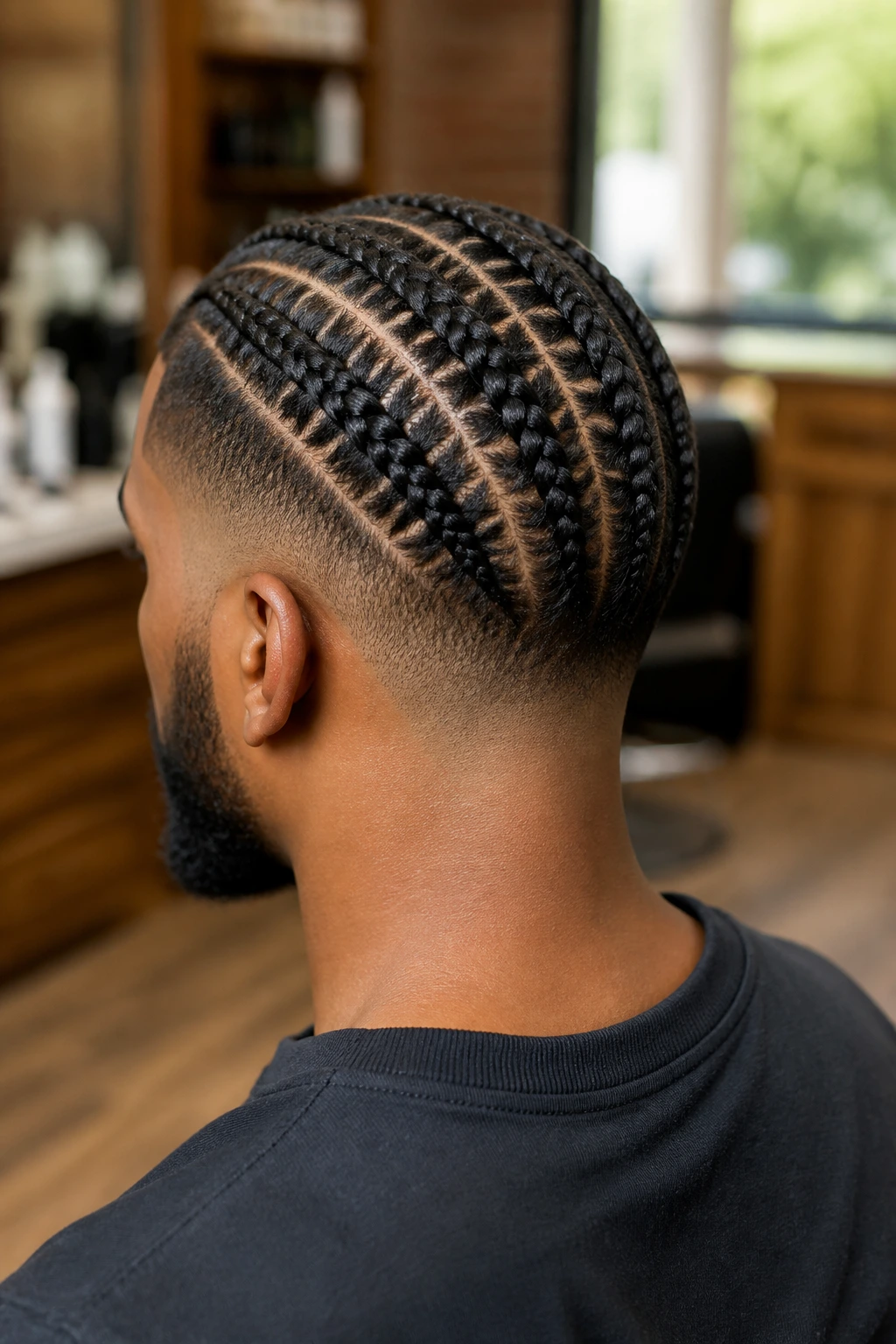 Close-up of ladder-part braids with nape fade on real person in a salon