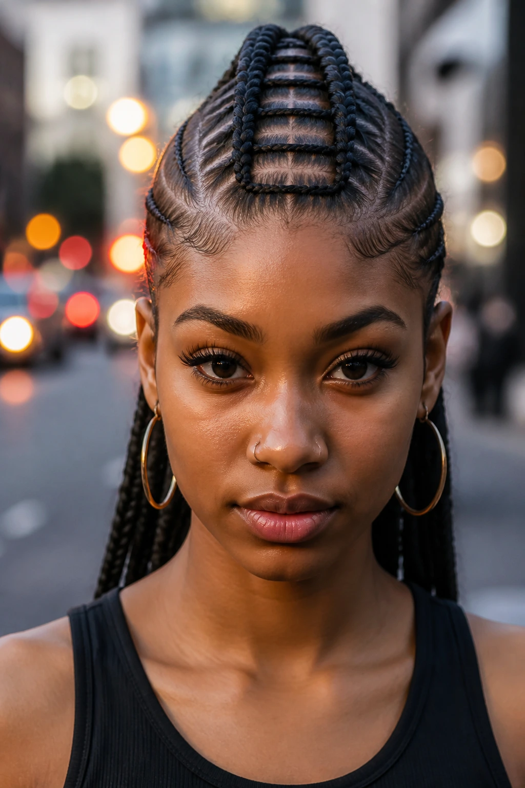 Close-up of a real person with ladder-pattern mohawk braids.