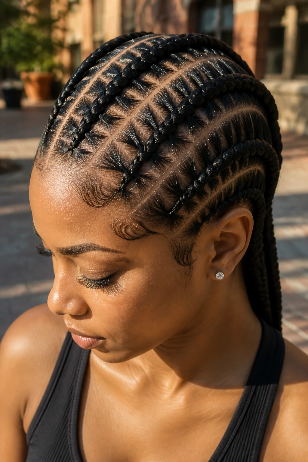 Close-up of ladder stitch cornrows on a real person showing even rungs along the scalp