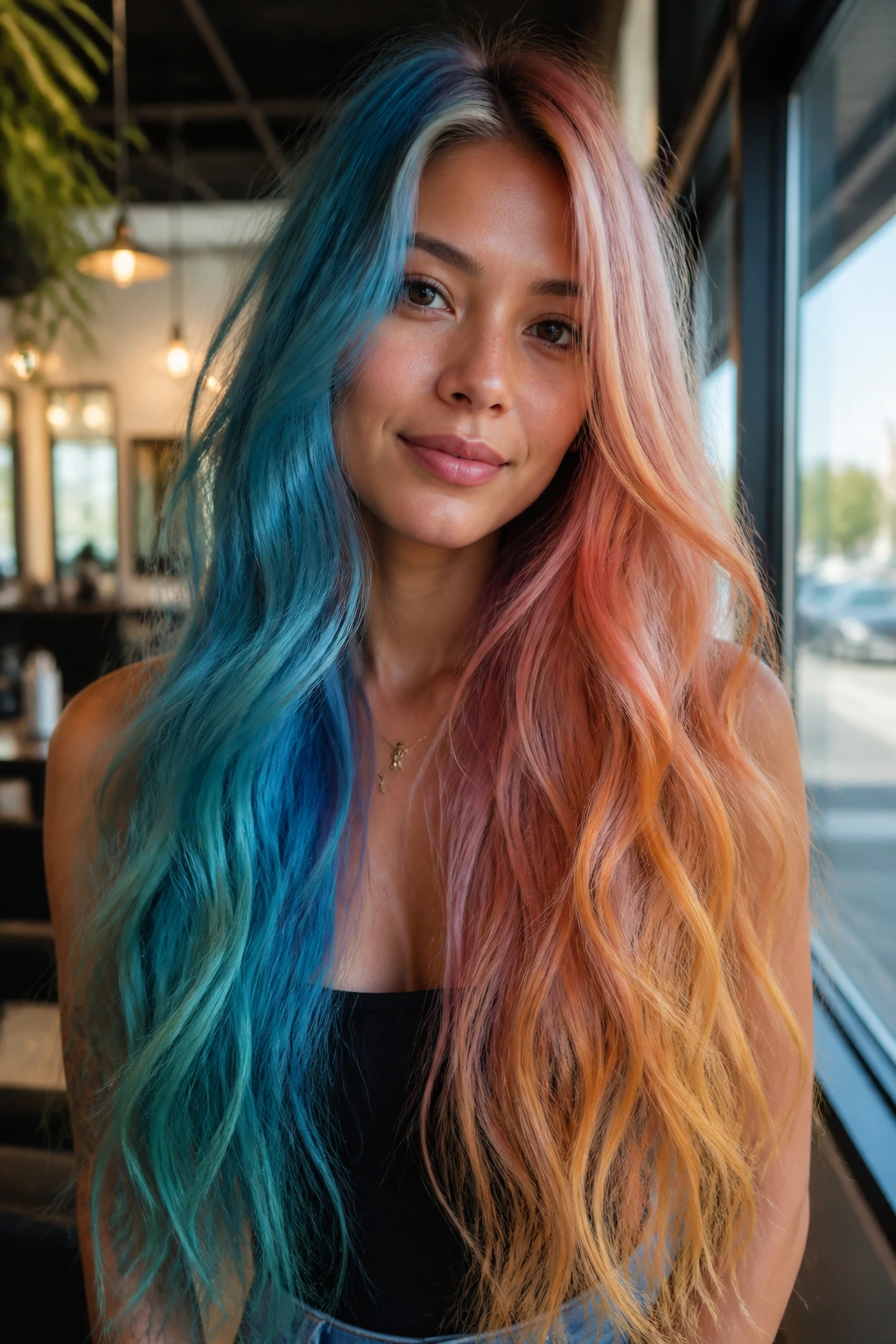 Close-up of a real woman with lagoon blue and coral mermaid hair split color transitioning smoothly