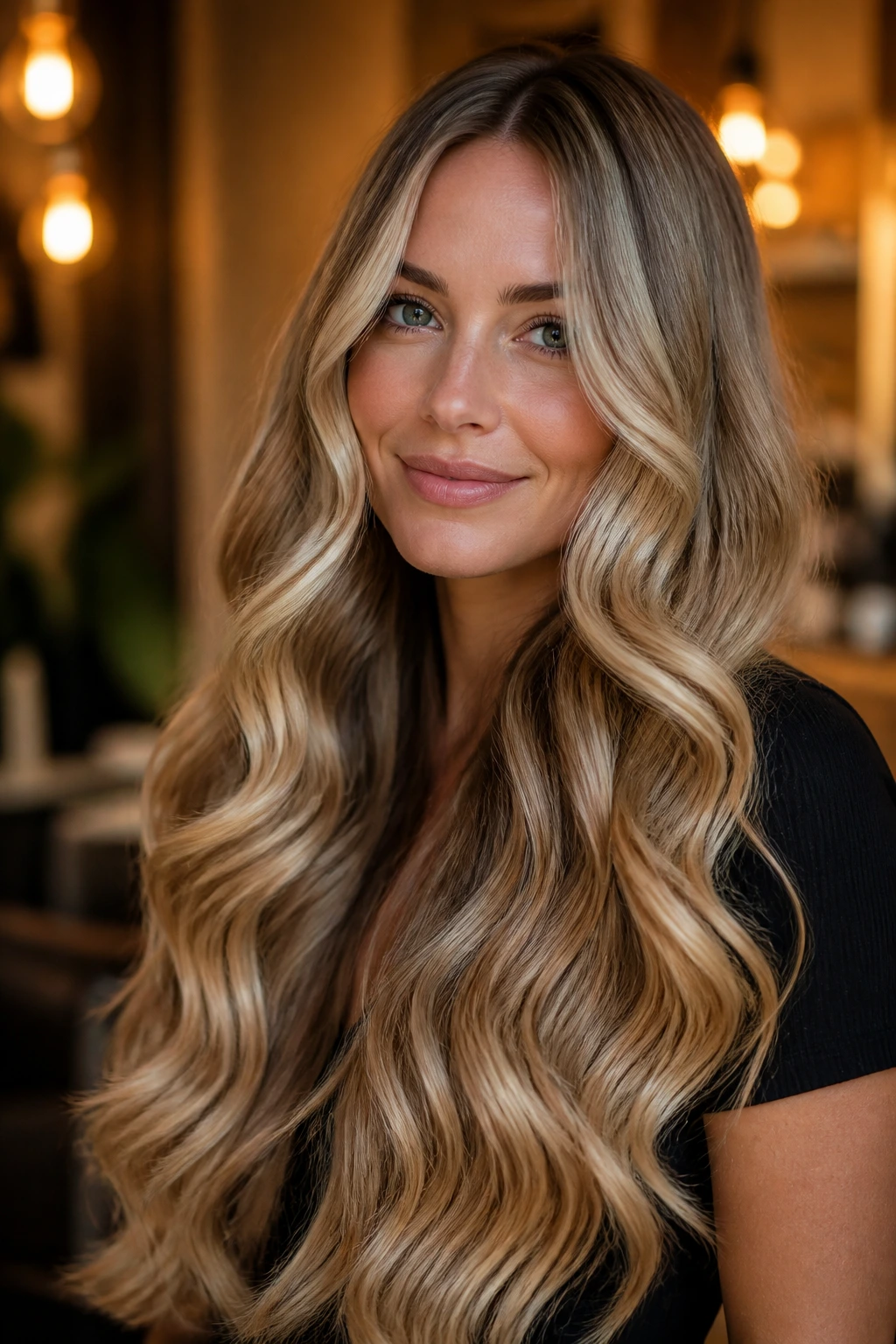 Close-up of a real woman with long hair in soft large-barrel waves cascading over the shoulders