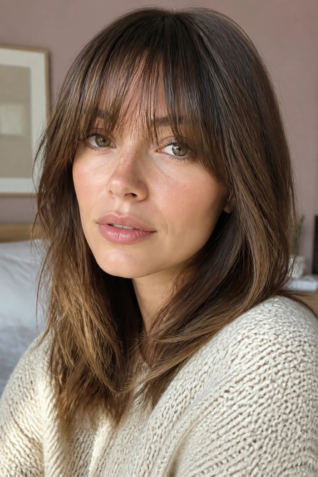 Close-up of a real woman with lash-length bangs brushing the eyes