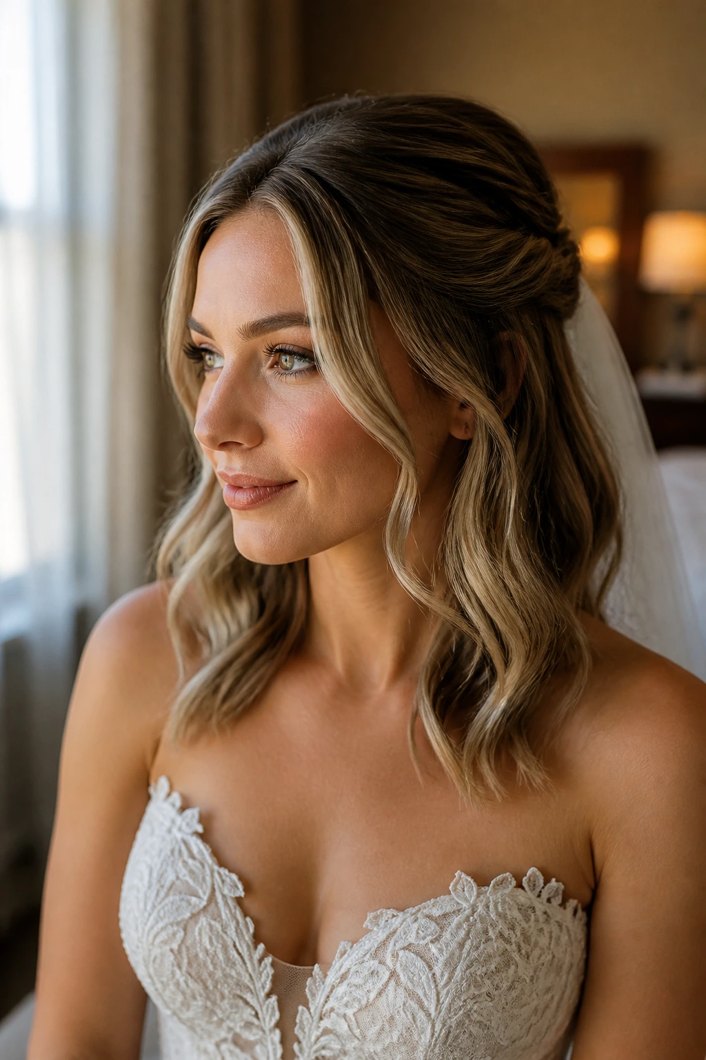 Close-up of a real bride with medium-length hair in a romantic half-up style, warm window light