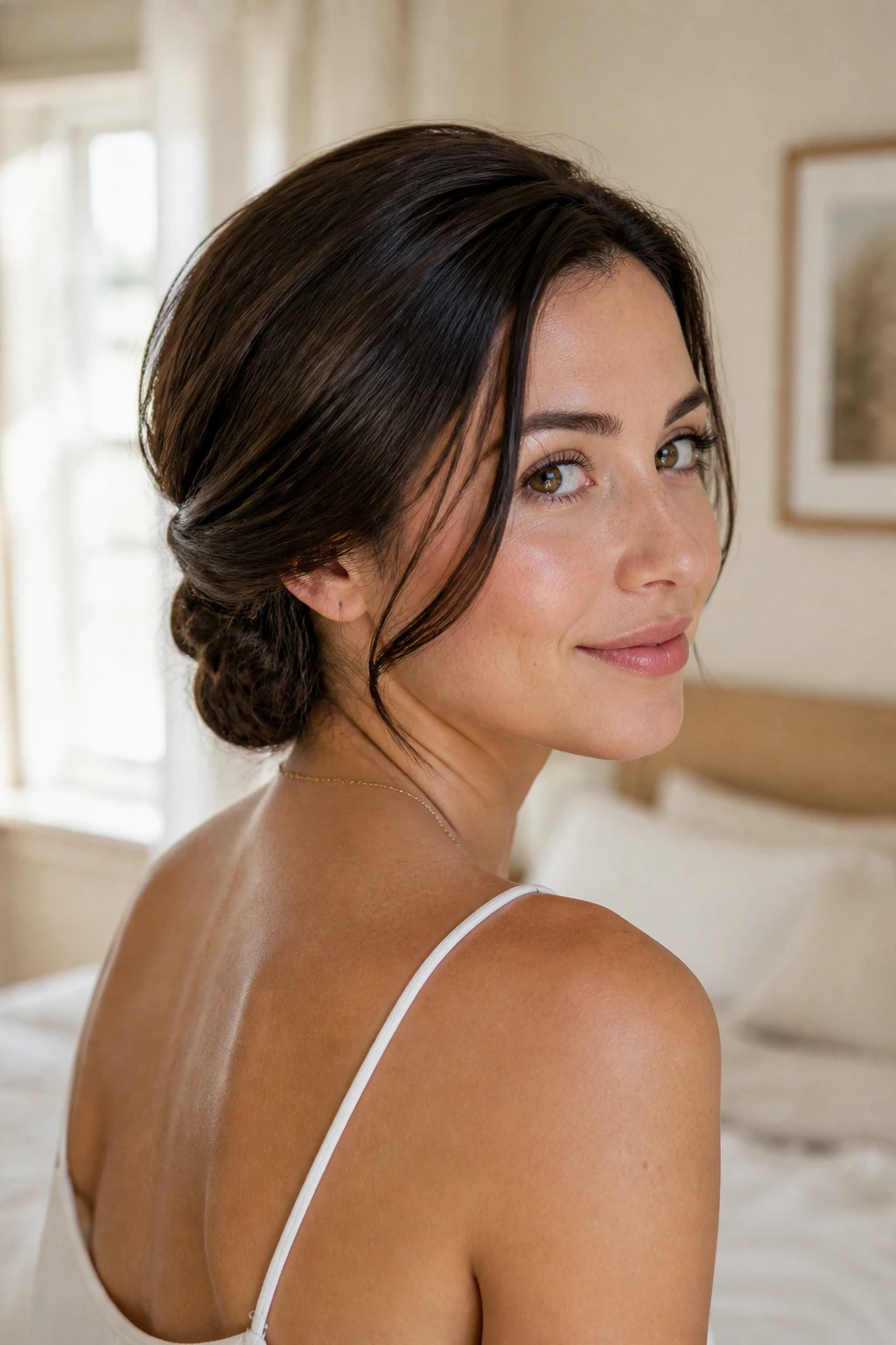 Close-up of a real woman with a tucked twist hairstyle