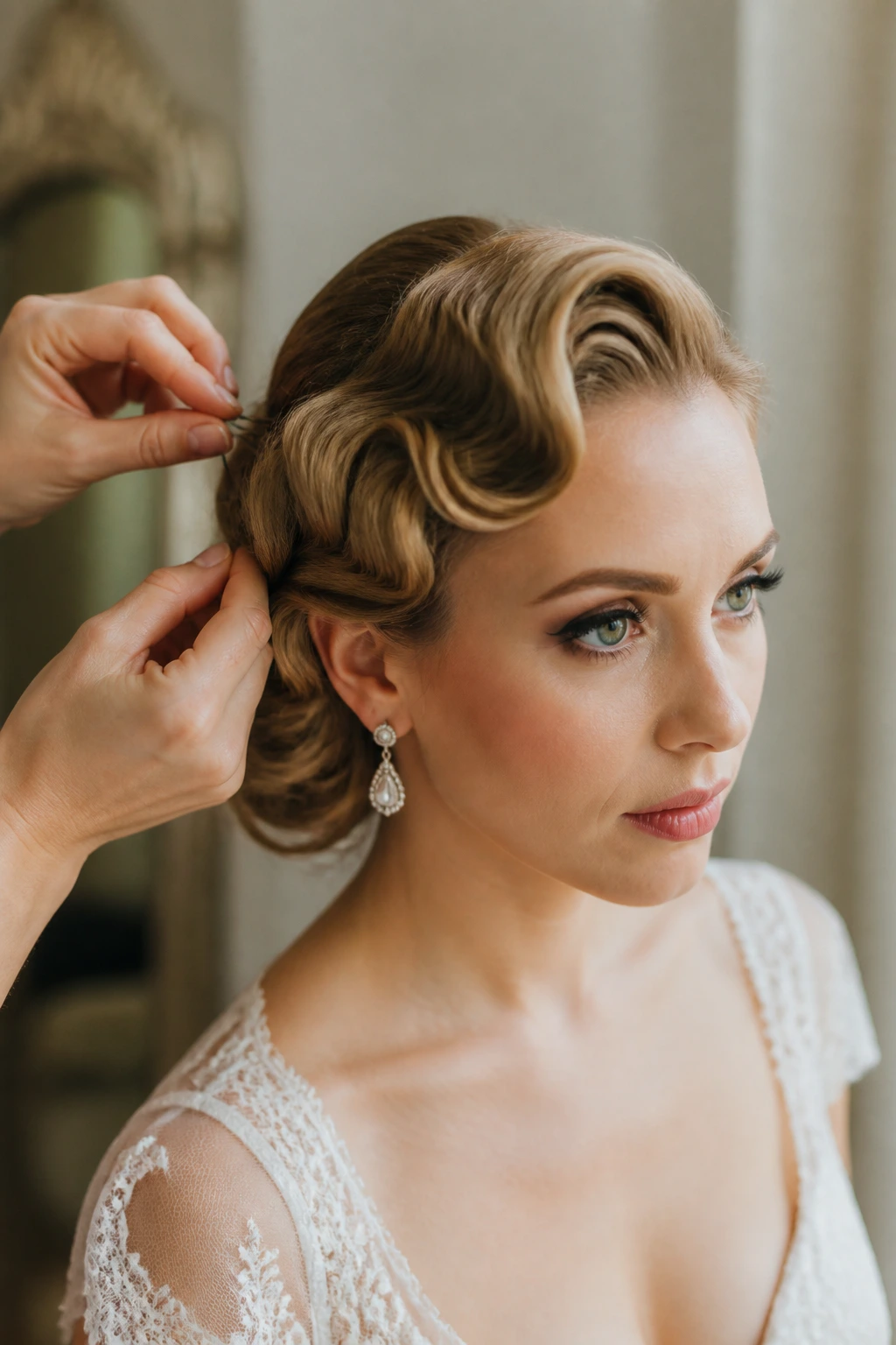 Bride's final pin check with elegant updo