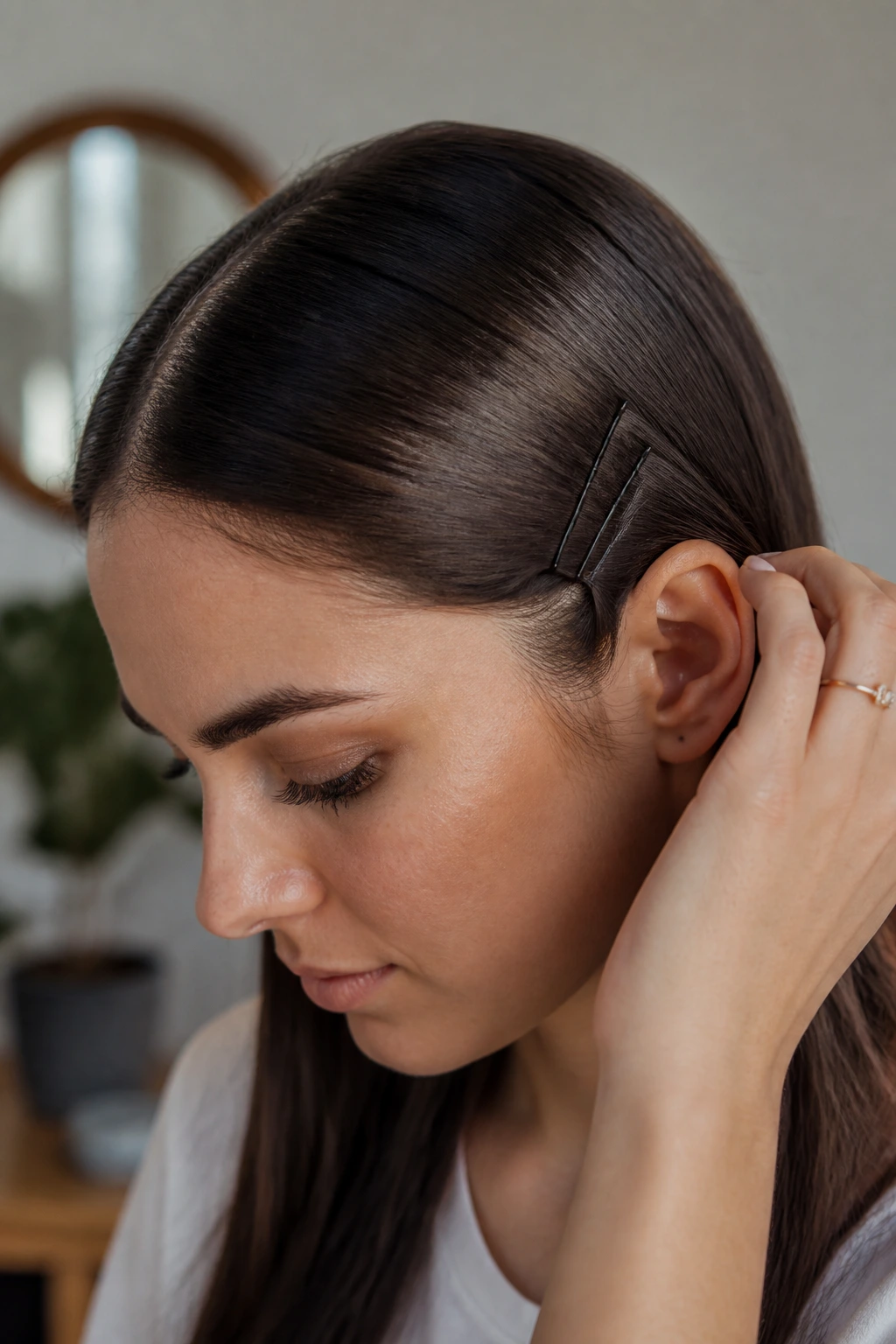 Close-up of real woman with a few bobby pins in her straight hairstyle