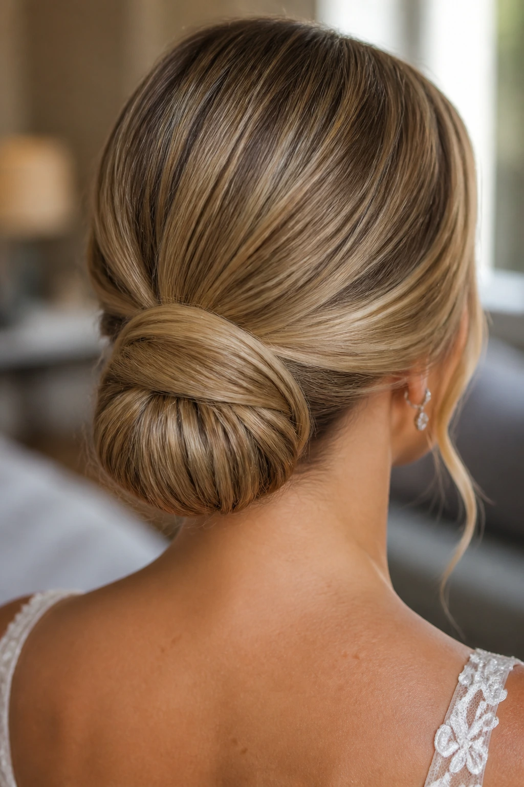 Back view of a bride with a low chignon and secure pins in warm lighting