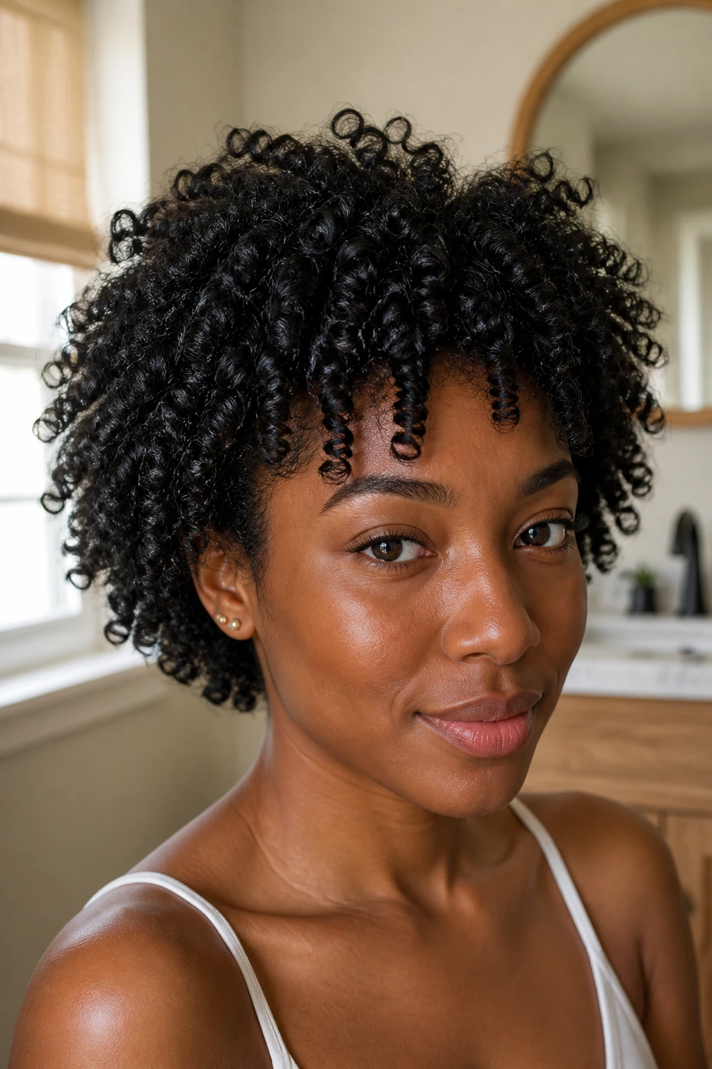 Close-up of a real Black woman with defined curls in a bathroom setting.