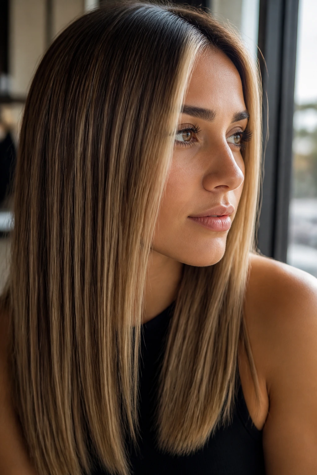 Close-up of a real woman's straight hair with precise babylights and money piece under natural window light