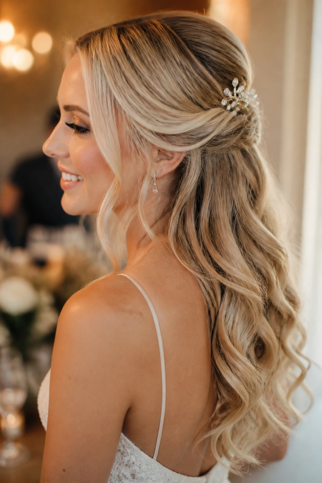 Bride with lasting half-up hair through dancing