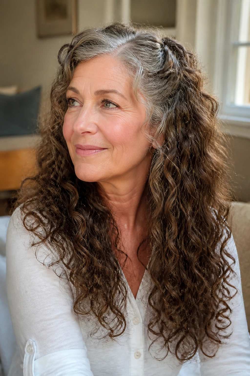 Close-up of a woman with long curls styled in a lasting shape with a side part.