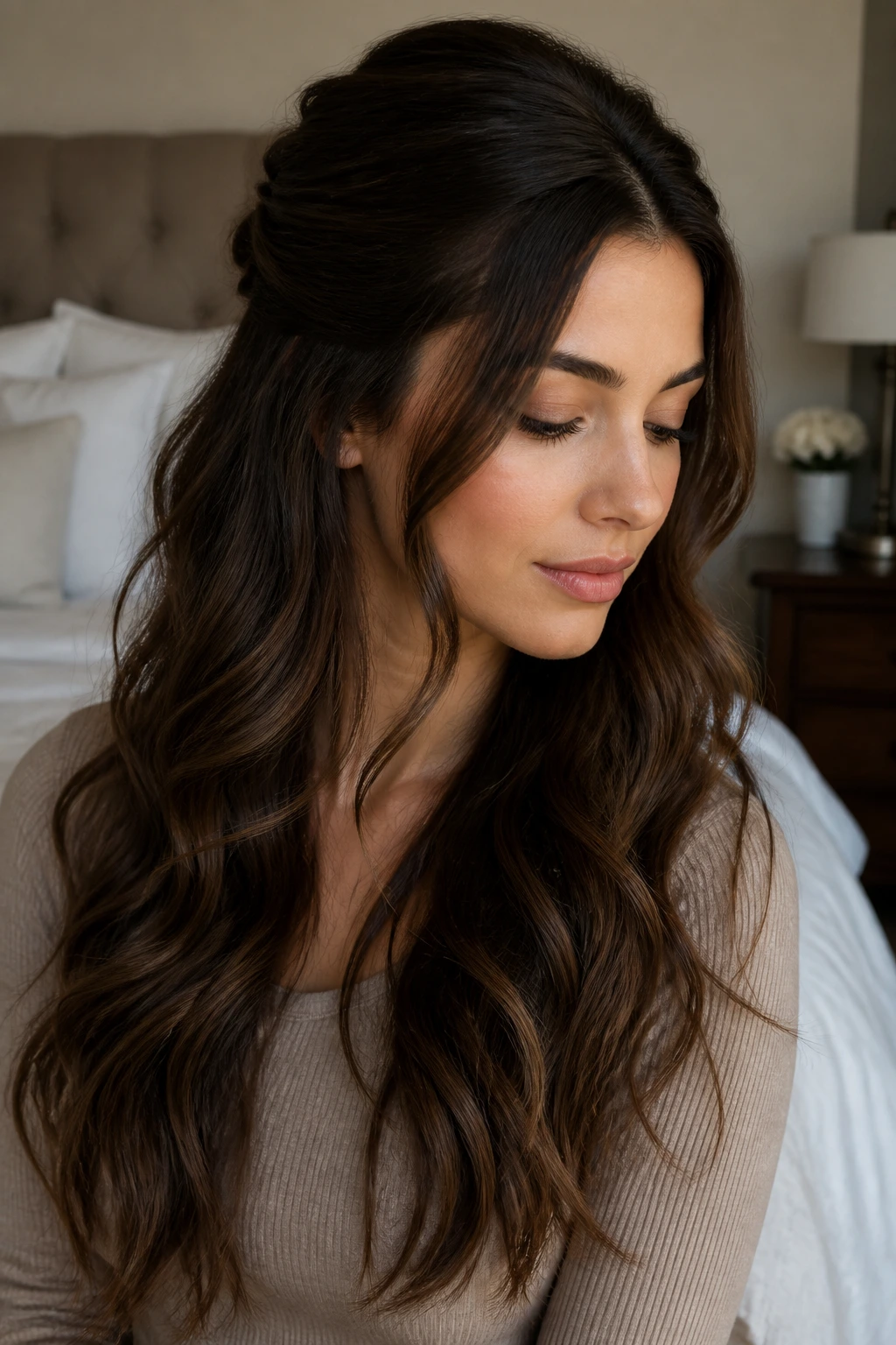 Real woman with smooth crown and subtle half-up detail in soft room lighting