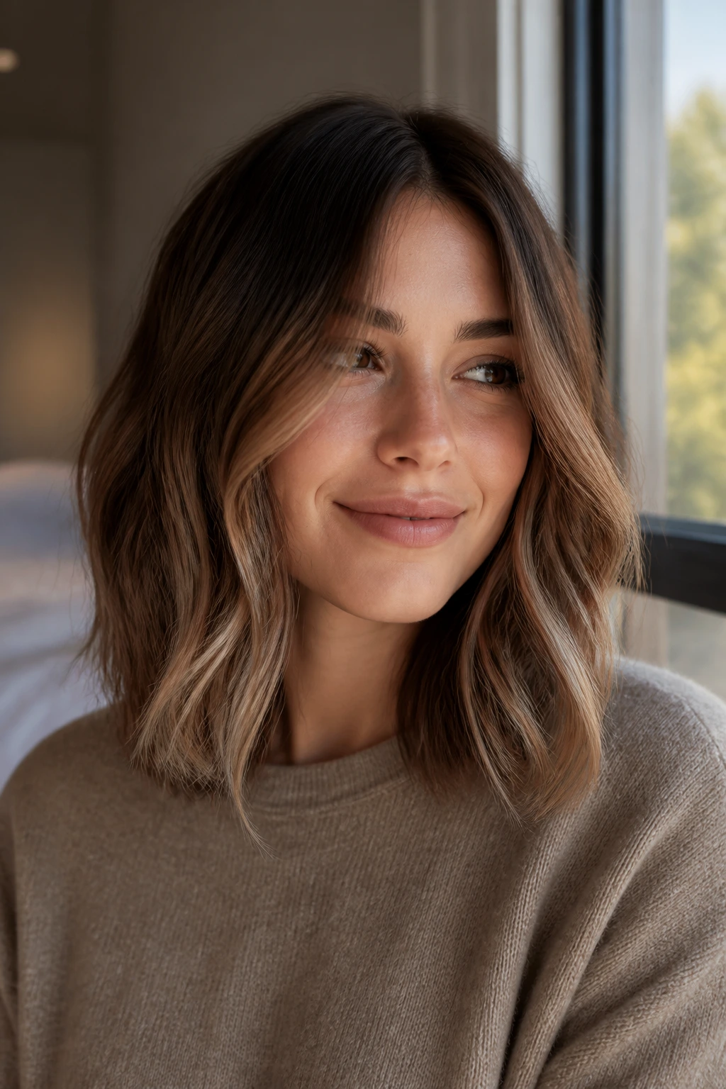 Close-up portrait of a real woman showing latte balayage ombre on shoulder-length hair in warm window light