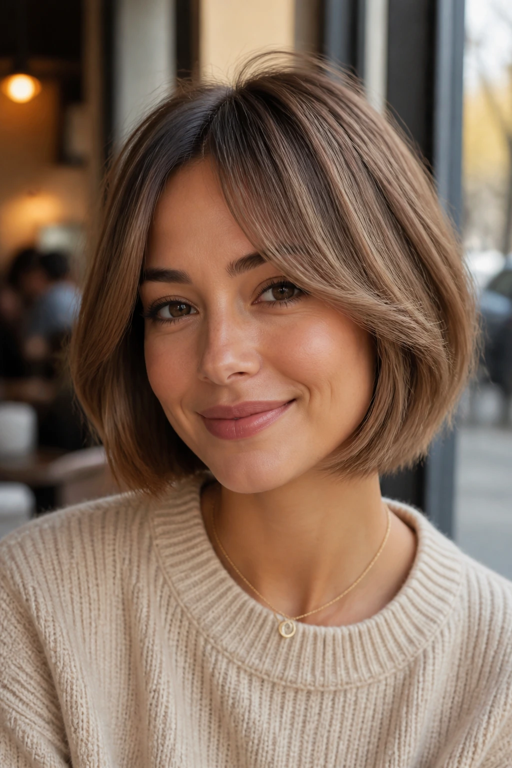 Latte bob with curtain bangs on a real person in a cafe setting