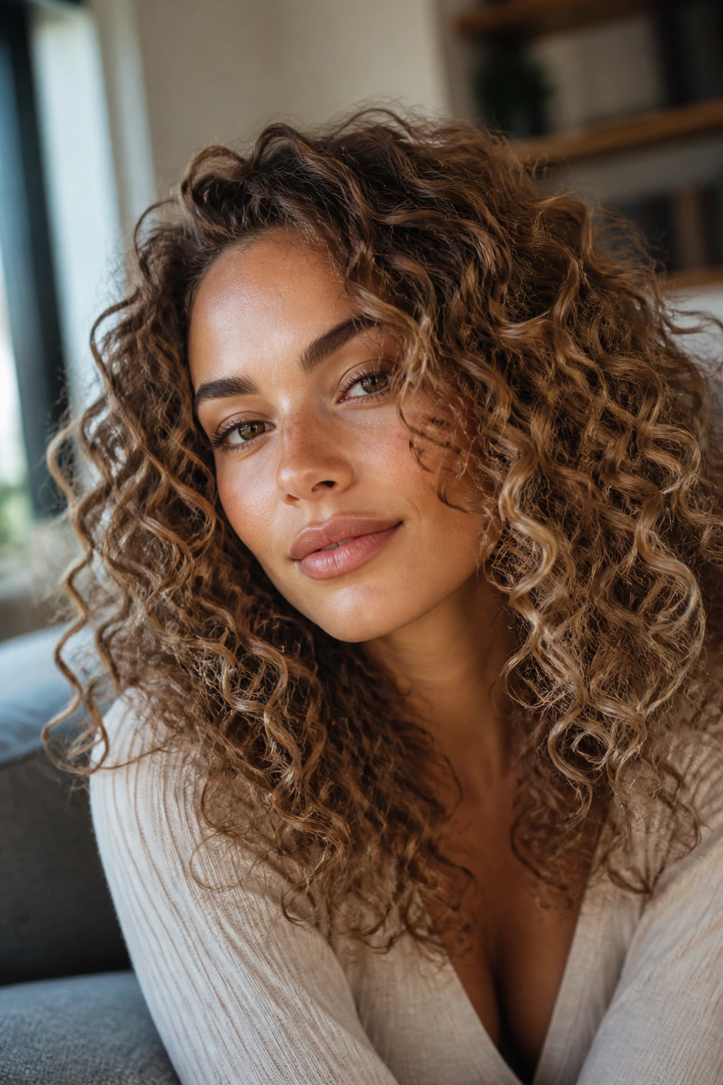 Close-up of a real woman with latte brown curls and creamier dimension framing the face