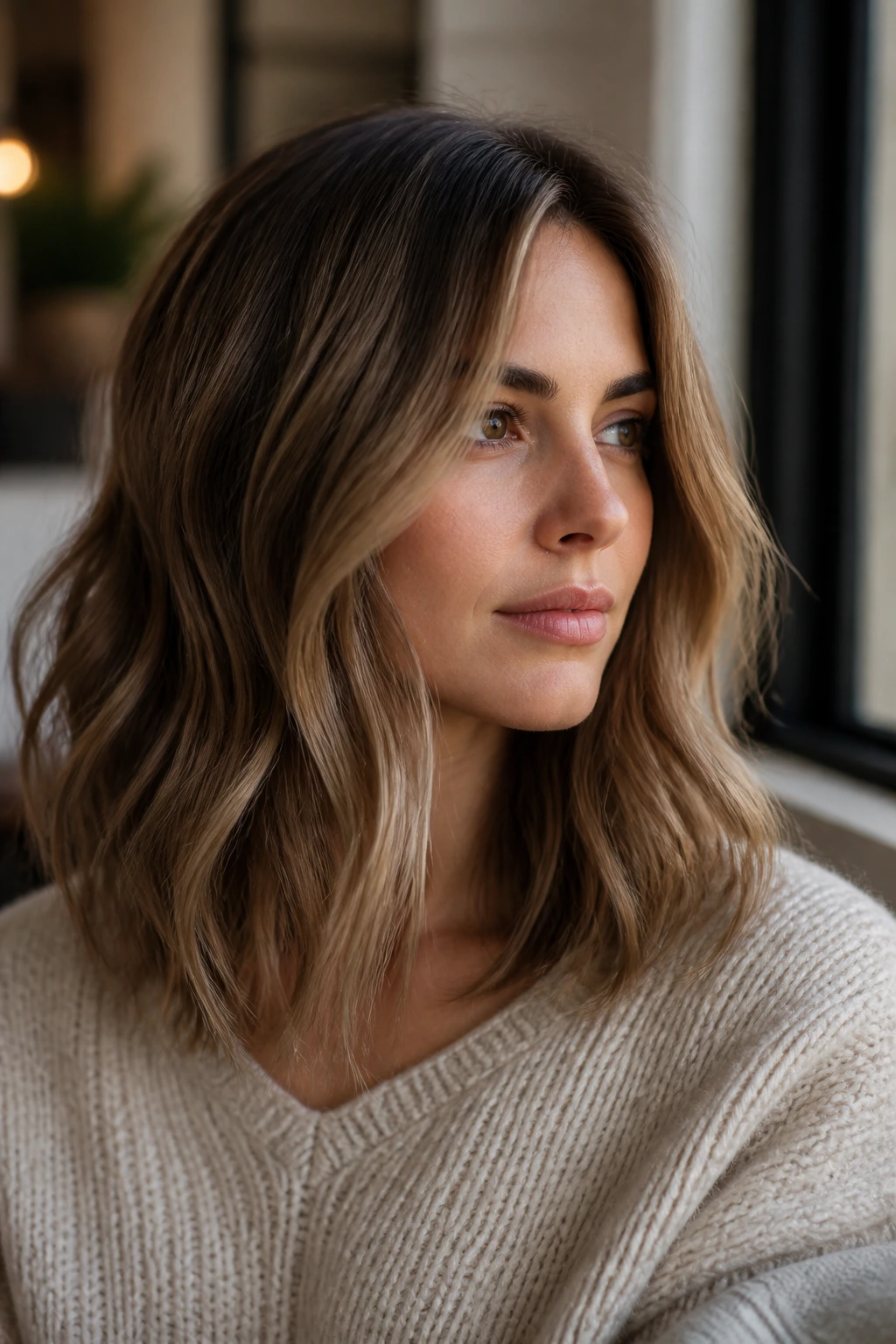 Close-up portrait of latte brown hair with rooty dimension on a real person