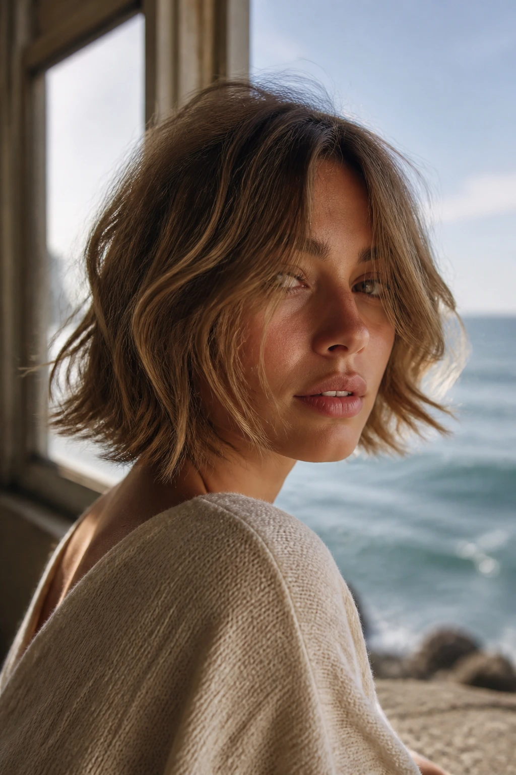 Close-up portrait of a real woman with latte brown tousled bob and relaxed texture.