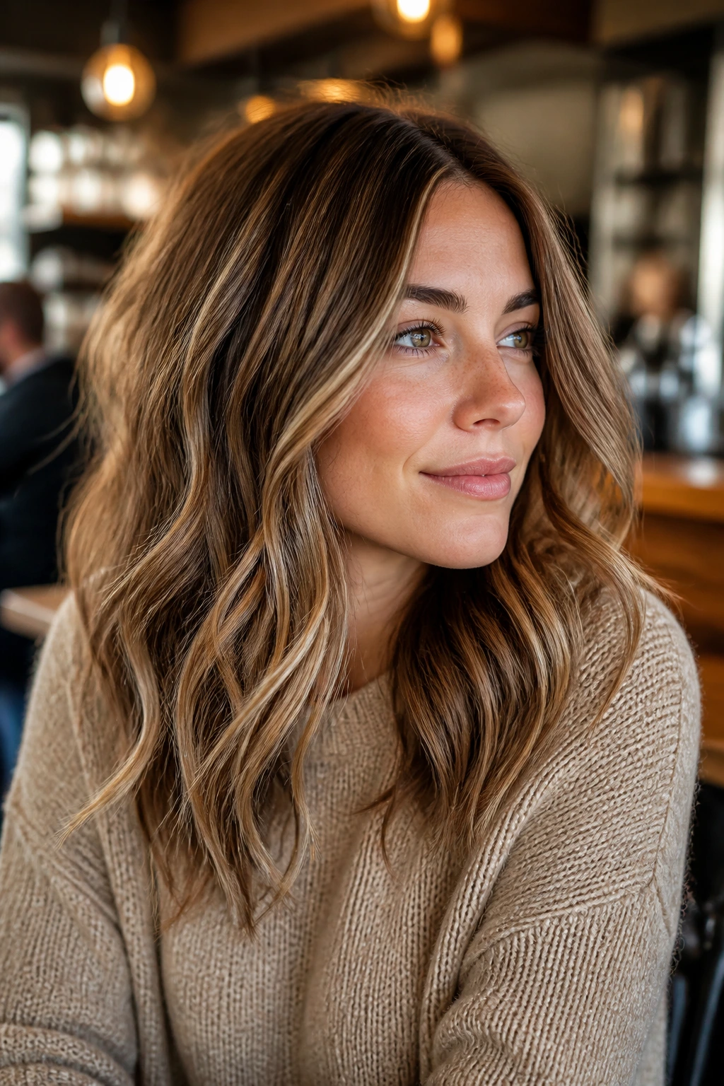 Close-up portrait of real person with latte brunette hair and creamy beige highlights.