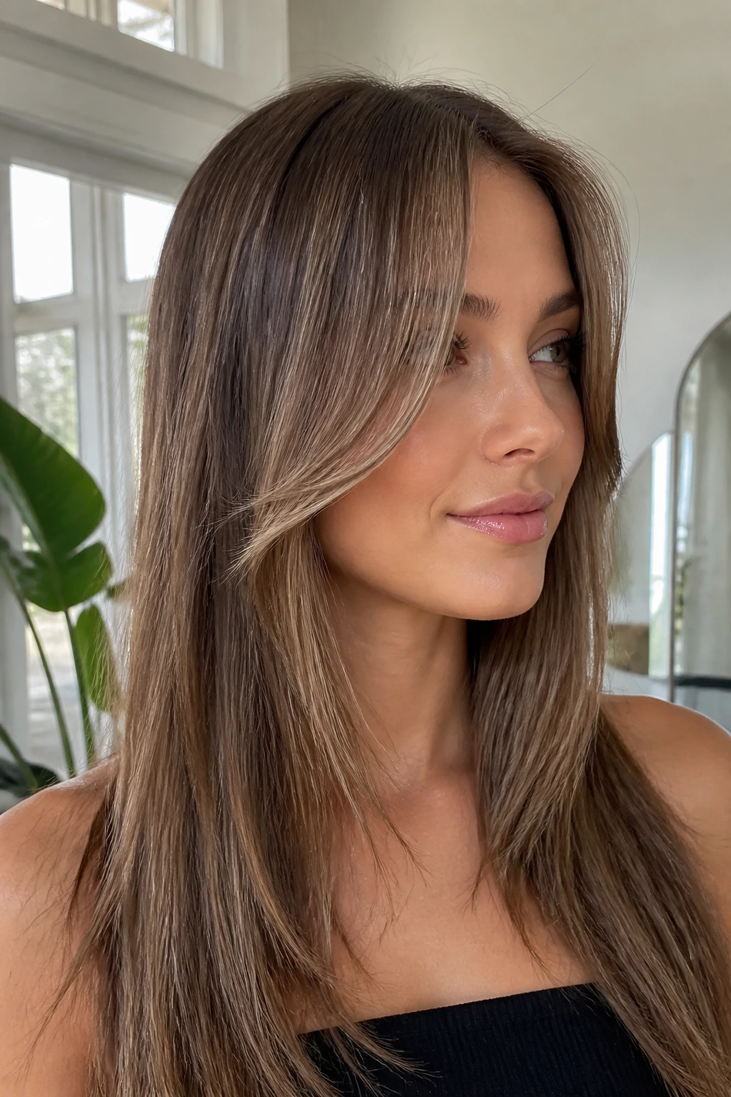 Close-up portrait of a real woman with latte brunette hair and curtain pieces around the face in natural light