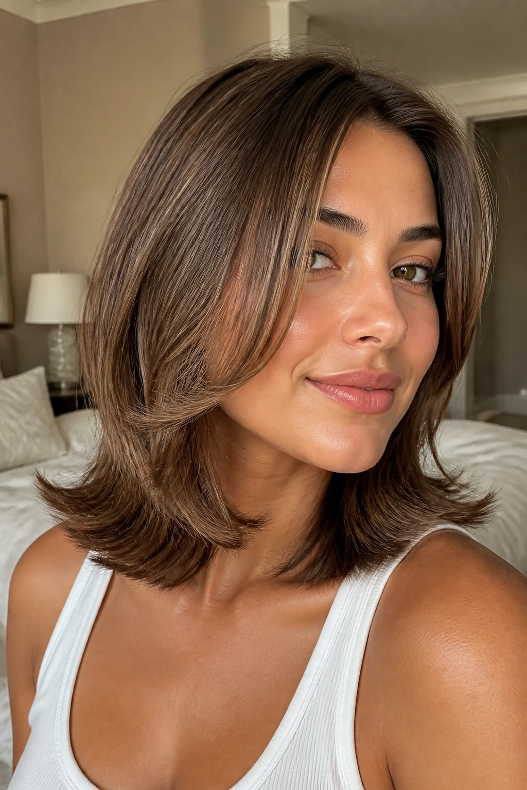 Close-up of a real woman with latte brunette hair and flipped ends, soft natural window light