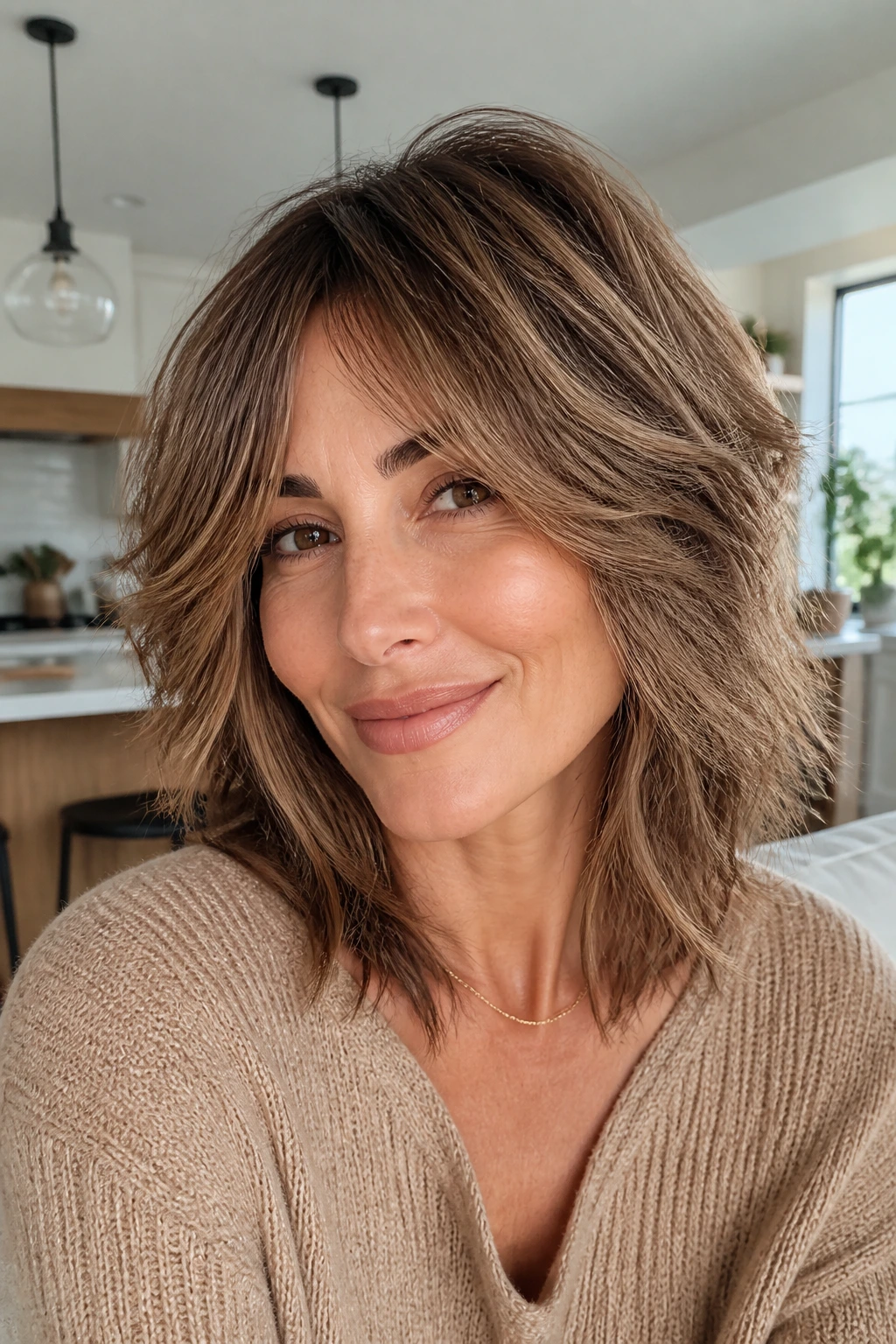 Brunette with latte-dimension shag in natural kitchen light.